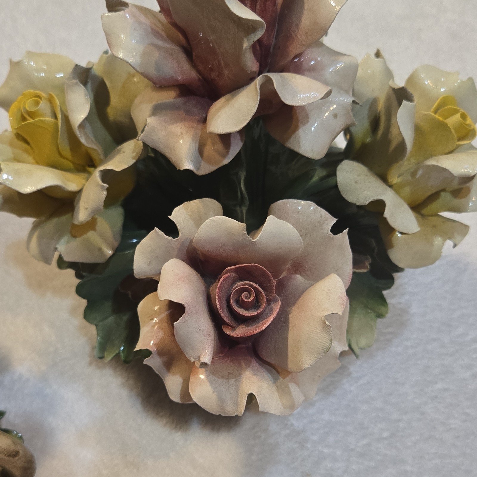 Vintage Italian Capodimonte Porcelain Rose Centerpiece Basket Candlestick Holder
