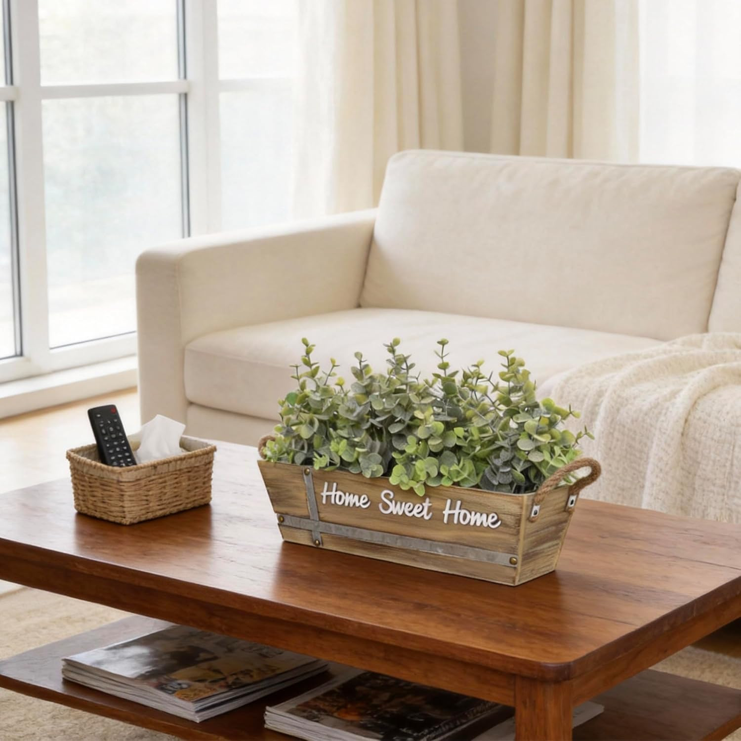 Artificial Eucalyptus Table Centerpiece in Wooden Box, Faux Greenery Arrangement