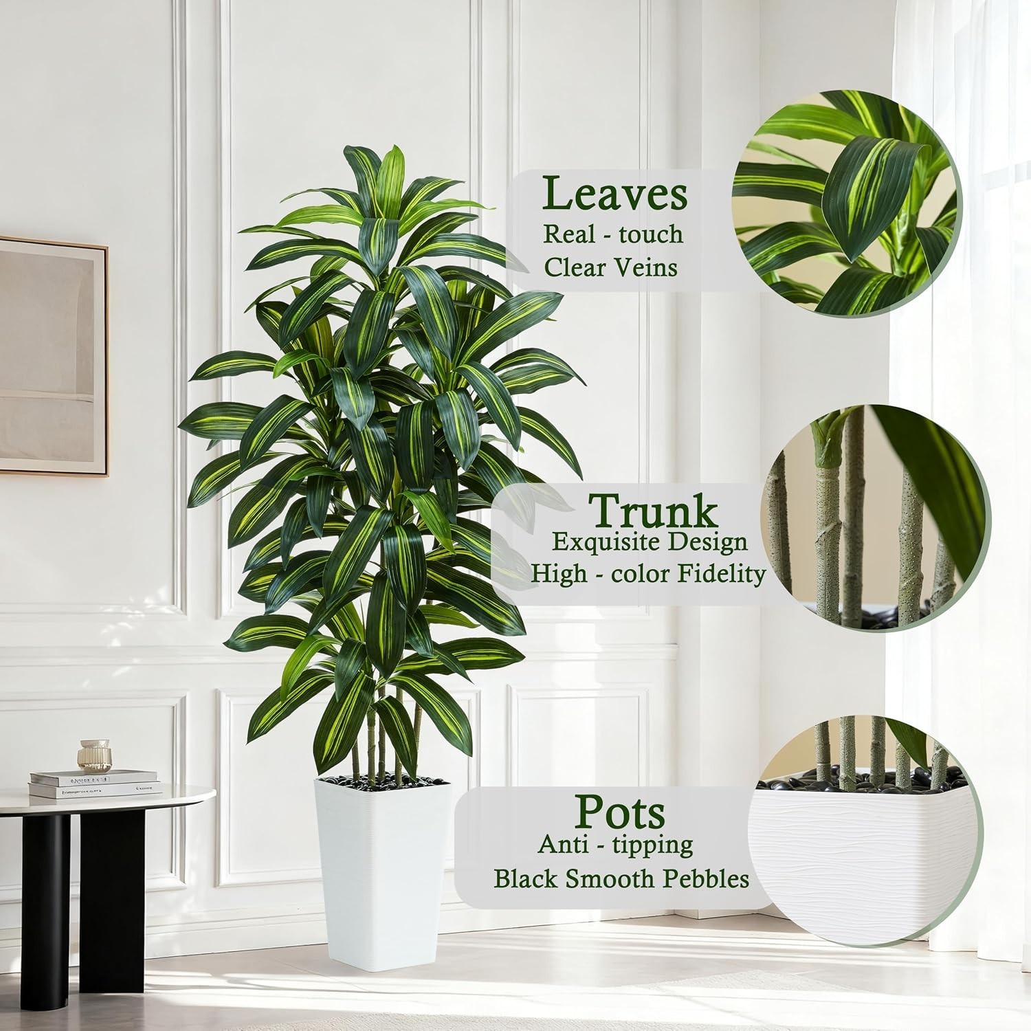 Weather Resistant 6FT Dracaena Tree with Decorative Pebbles – All-Season Appeal