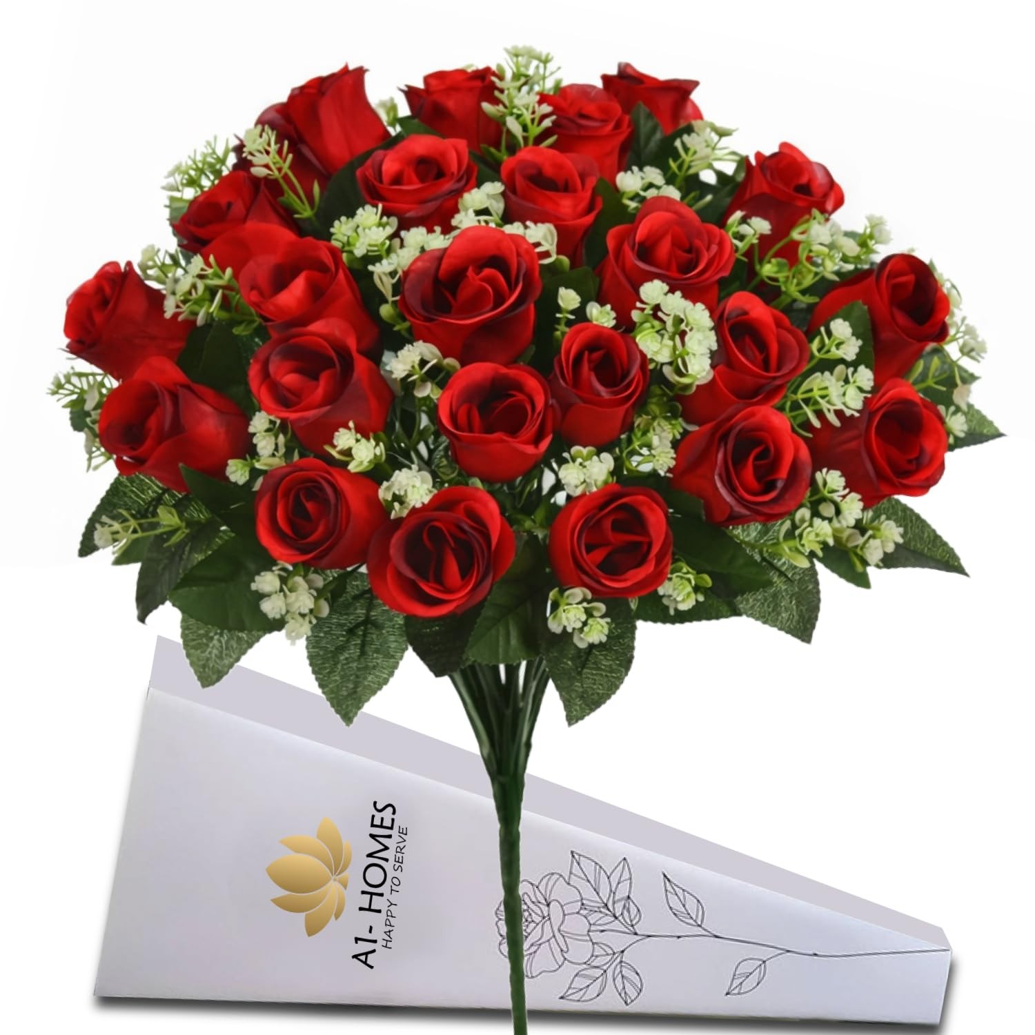 16 Inch Artificial Silk Red Rose Bush Gyp Foliage 24 Heads Wedding Grave 1 PCS
