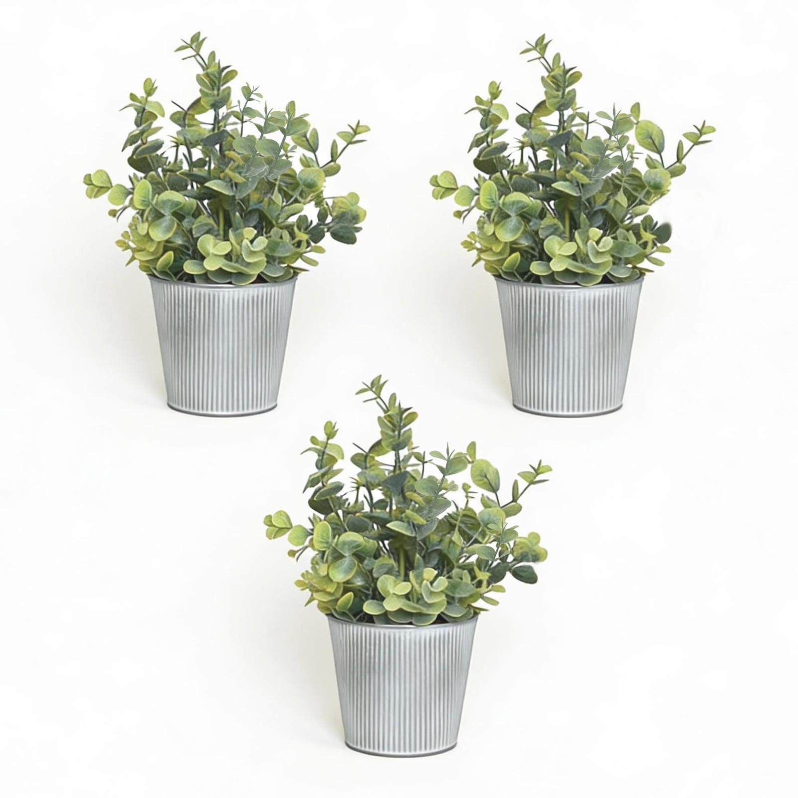 3-Pack Artificial Eucalyptus Plants in White Ribbed Galvanized Metal Pots, Sm…