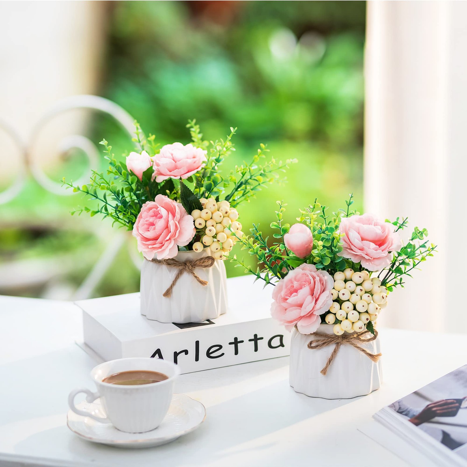 2 PCS 7 Inch Pink Silk Roses Artificial Flower Arrangement In Vase Decor
