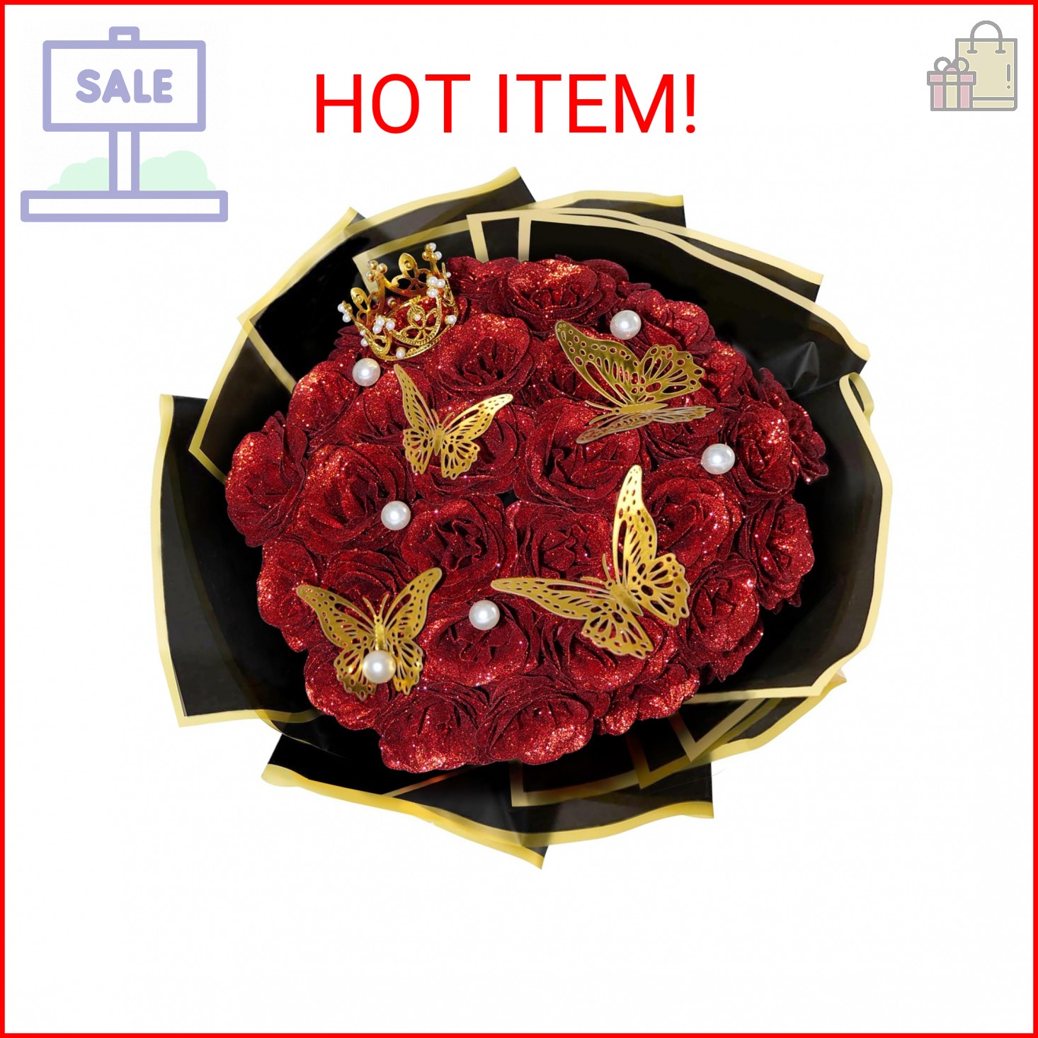 Red Glitter Roses Bouquet, 24 Pcs Shiny Glitter Flowers Bouquet, Everlasting Art