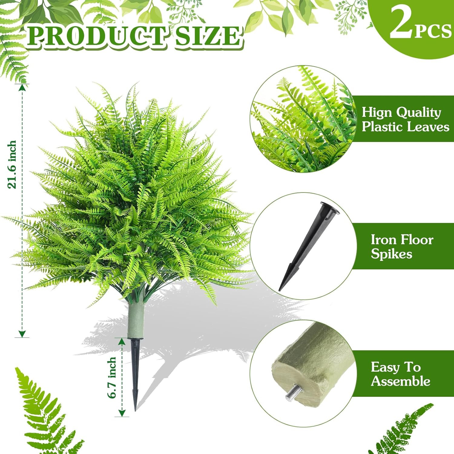 24″ UV Resistant Faux Boston Ferns with Ground Stake for Indoor/Outdoor Decor