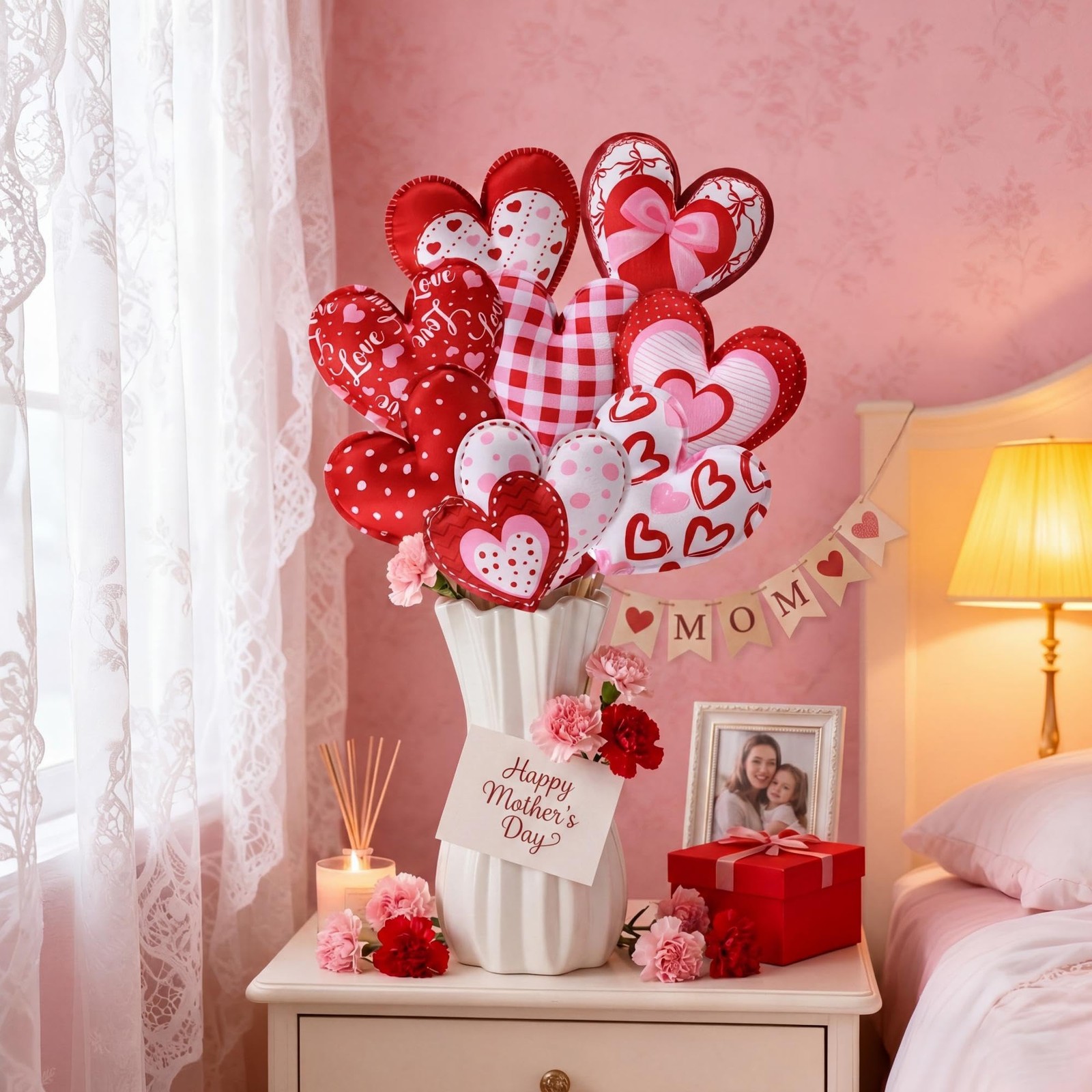 24 Pcs Heart Flower Picks Decoration Love Fabric Felt Heart on Sticks 3D Flor…
