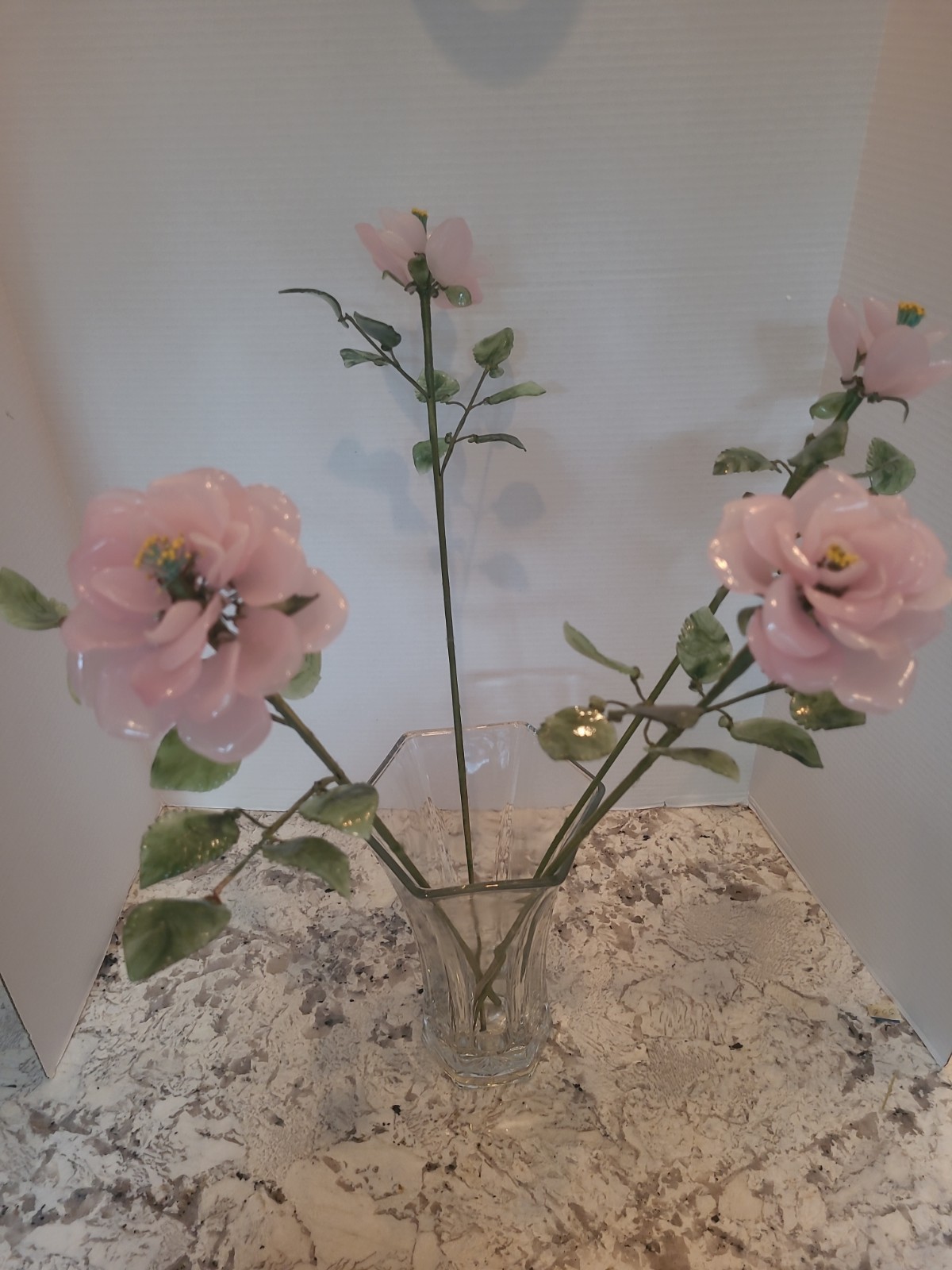 4-Vintage Porcelain Flowers With Plastic Stems Pink 25″ Long Stem