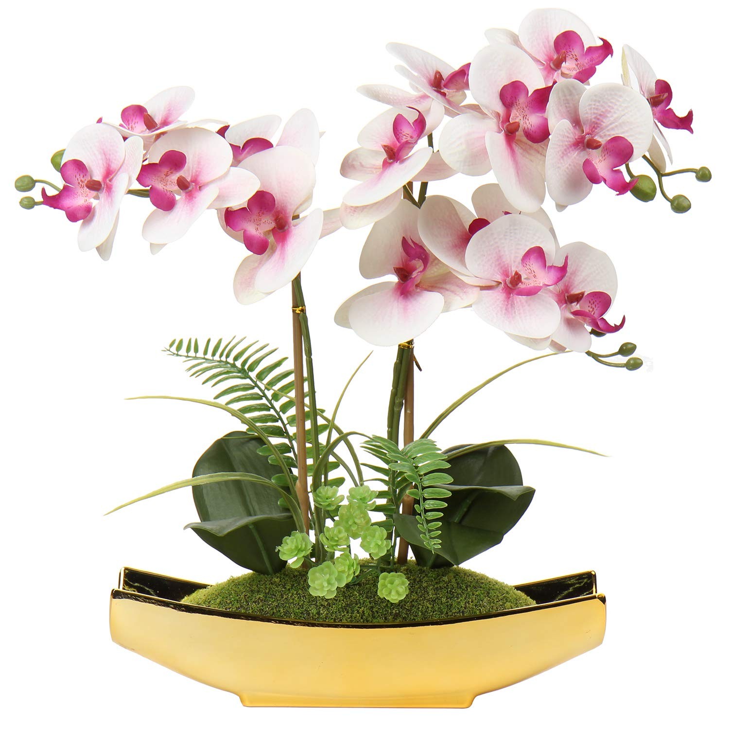 15 Inch Light Pink Artificial Phalaenopsis Orchid Gold Pot Real Touch Plant