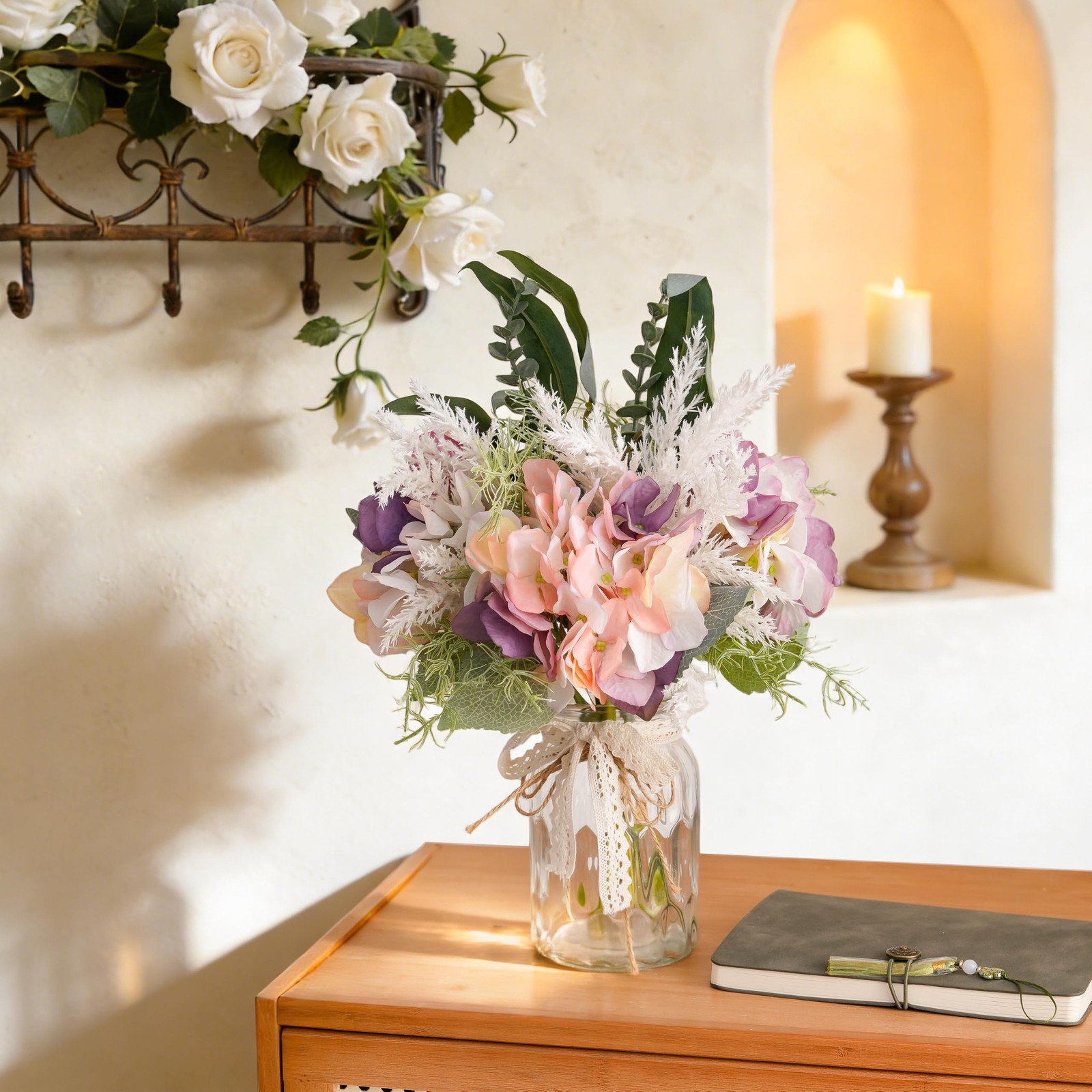 Fake Flowers with Vase, Artificial Pink & Purple Hydrangea Arrangement, Sprin…