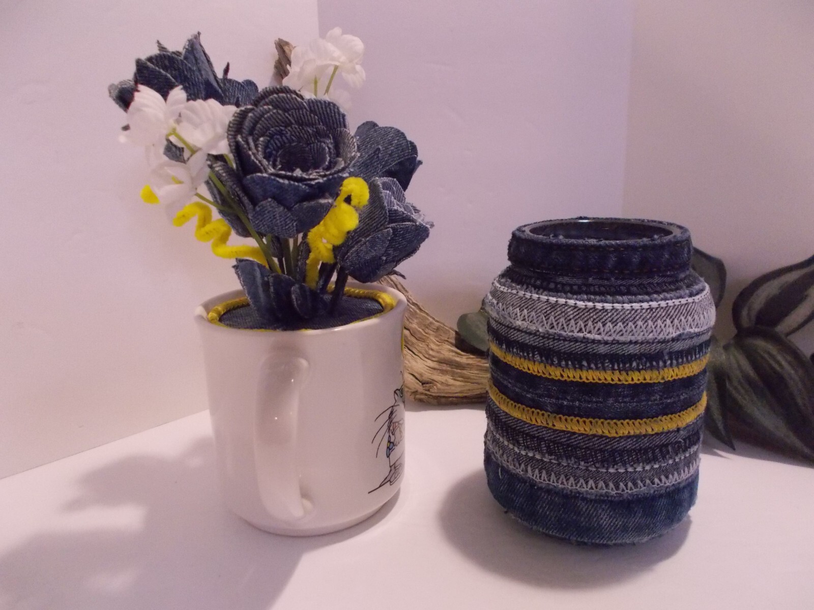 Southpaw Comics Coffee Mug w Handmade Denim Roses and Denim Seams Jar Vase