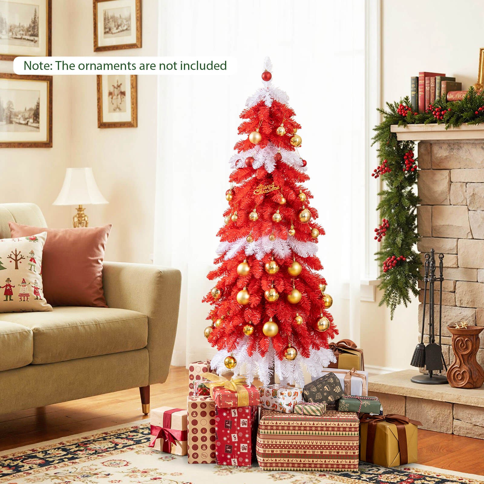 5 FT Artificial Christmas Tree Pre-lit Xmas Trees w/ 301 Red & White Branch Tips