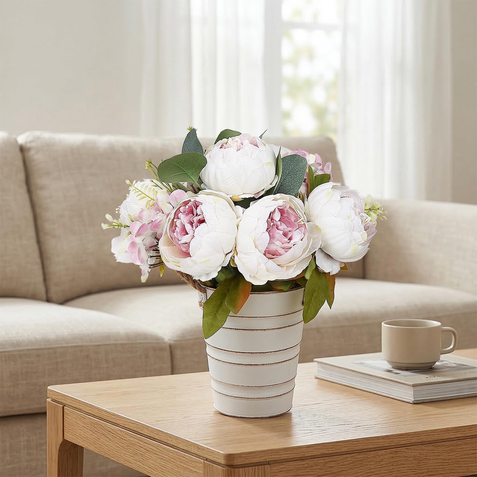 Peonies Artificial Flower Table Centerpieces – 10 Inches Tall Faux Silk Flora…