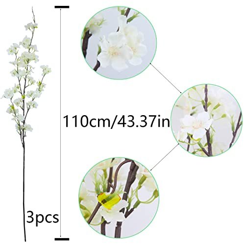 CISDUEO 3Pcs Artificial Cherry Blossom Flower Silk Peach Flowers Bulk White