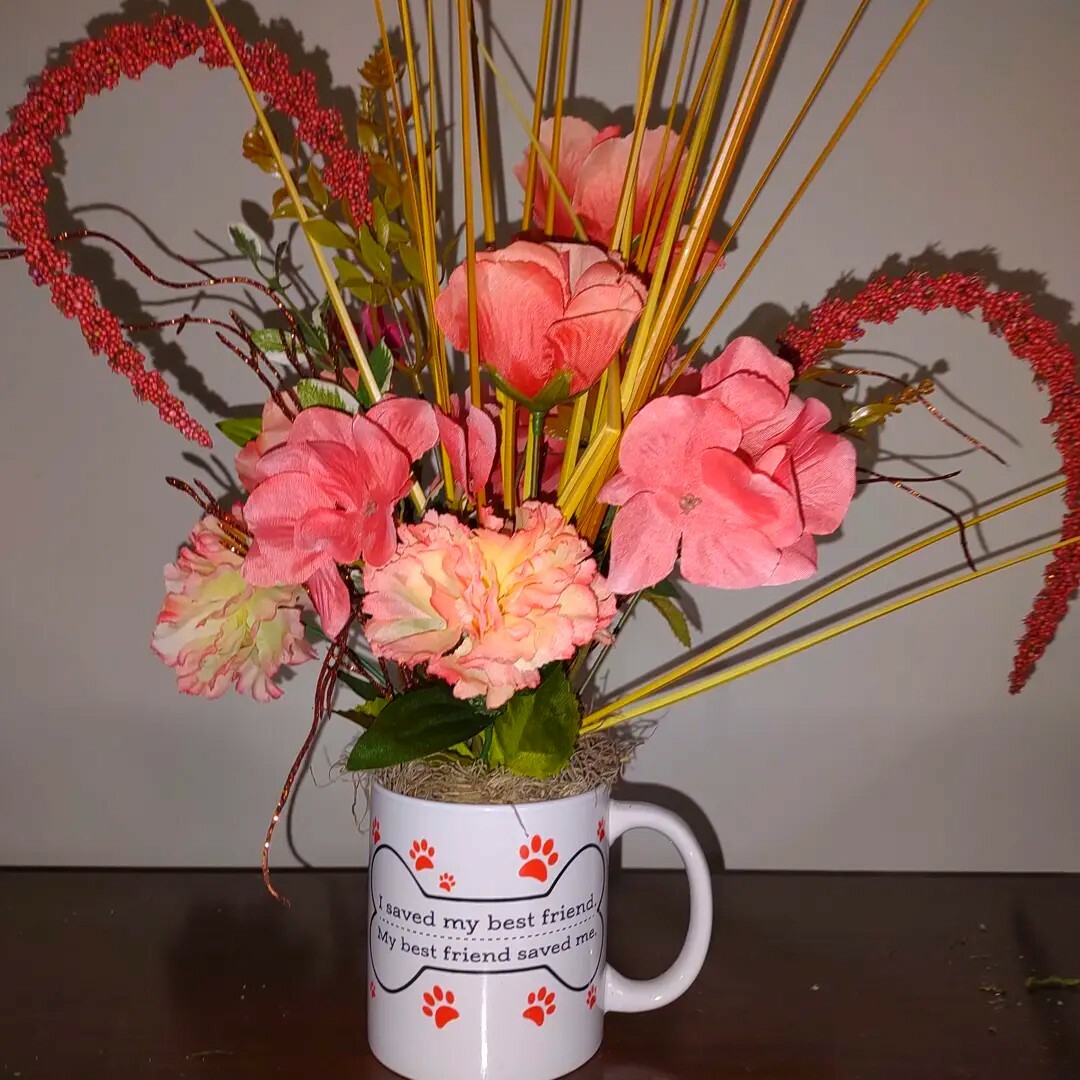 DOG Lovers Mug with silk flower arrangement. Pink Roses and Carnations