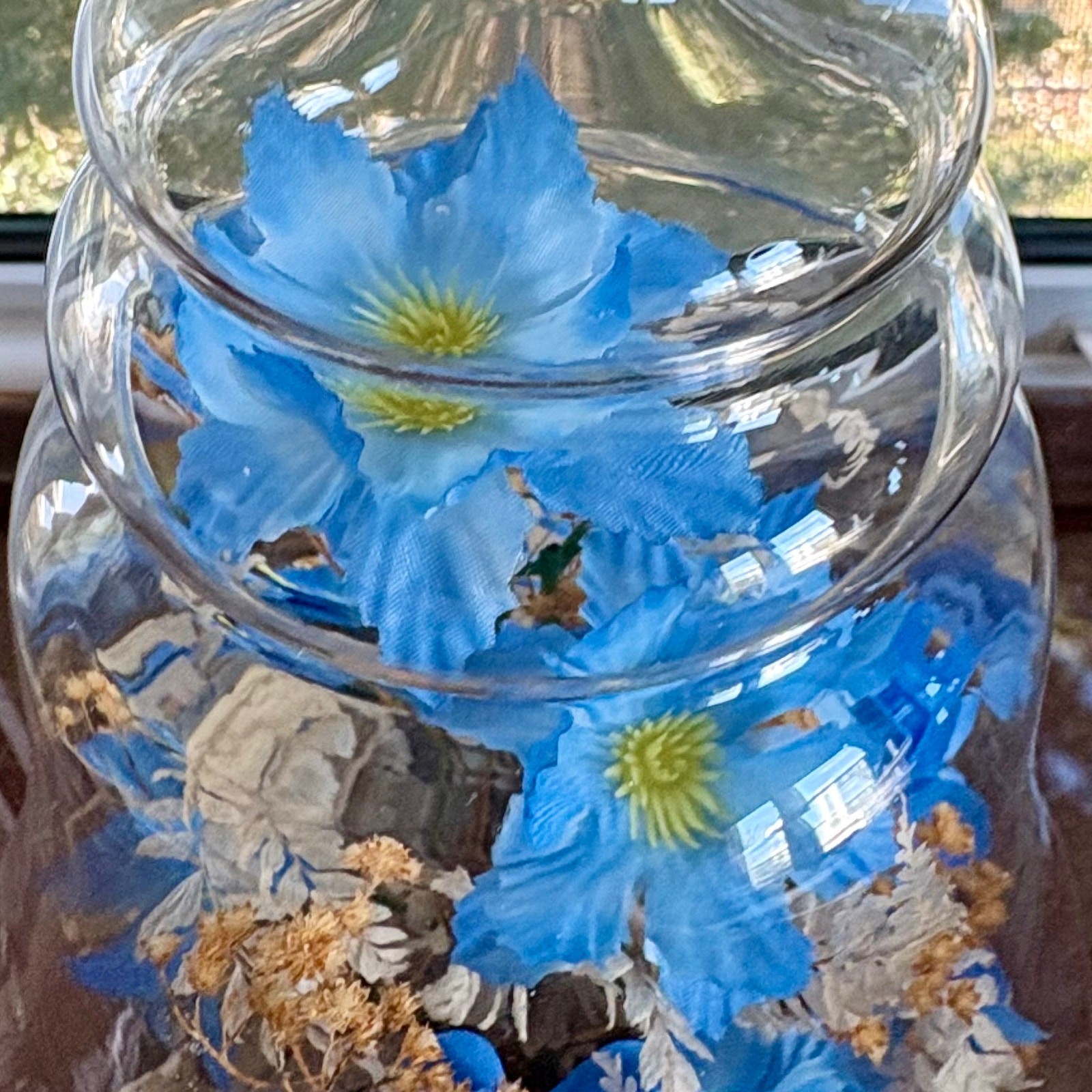 Vintage Glass Bell Jar Dome with Blue Floral Arrangement on Wood Base