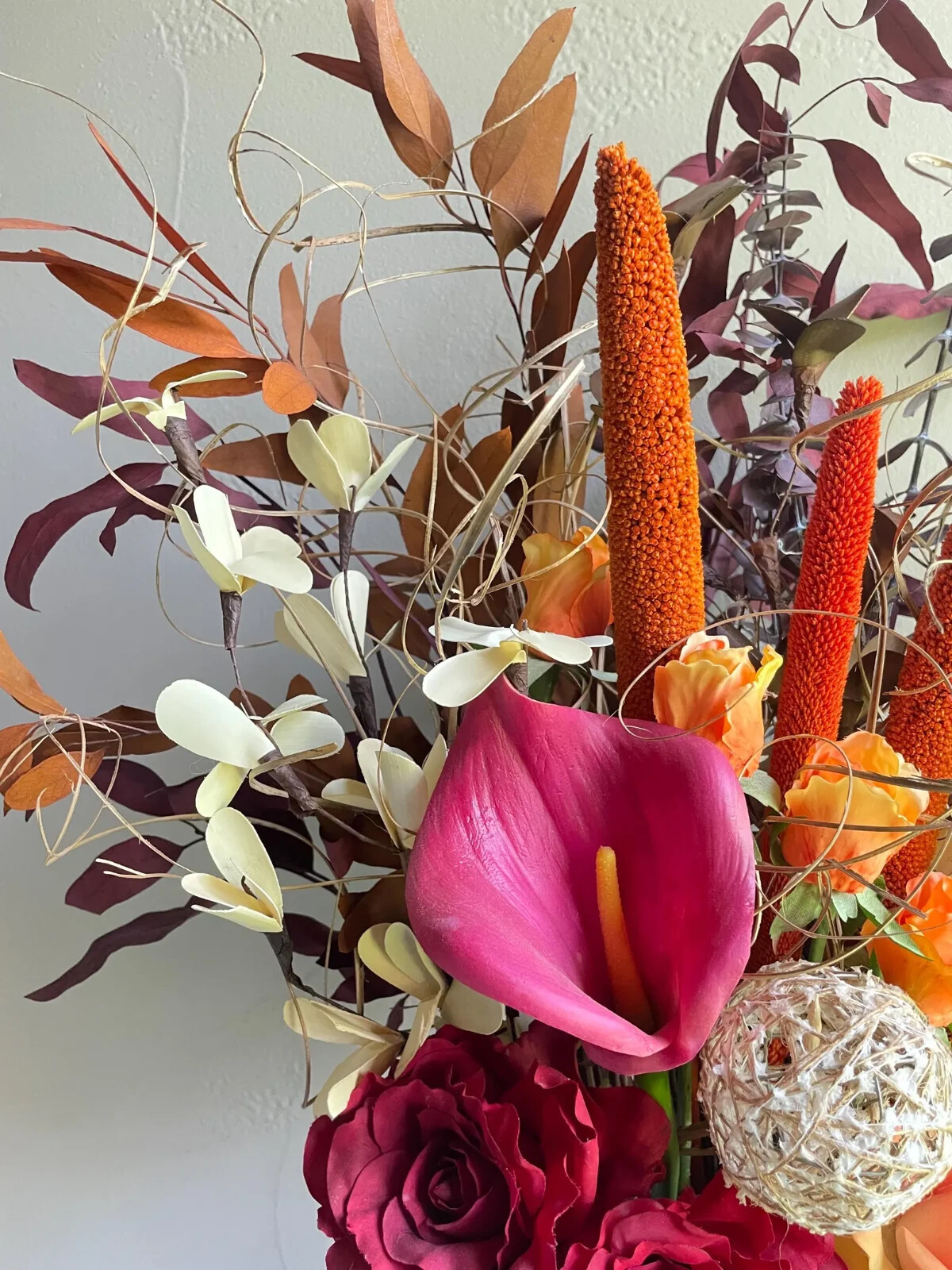 Flower Arrangement- Burgundy Orange Mauve Roses Tulips Hydrangea Centerpiece