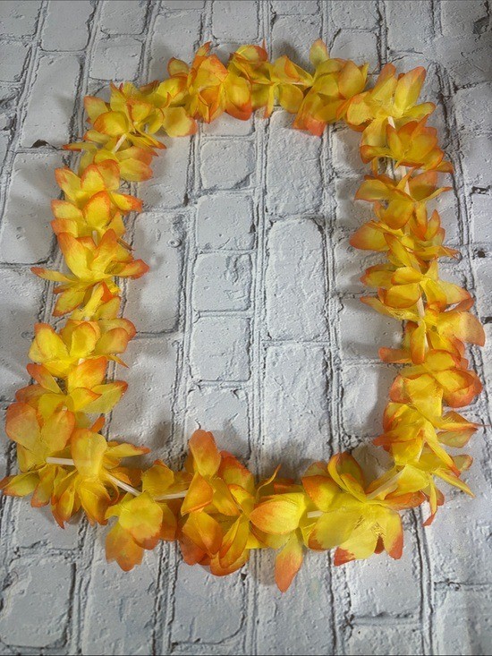 Matching Set of Hawaiian Artificial Flowers Lei and Crown Yellow Orange