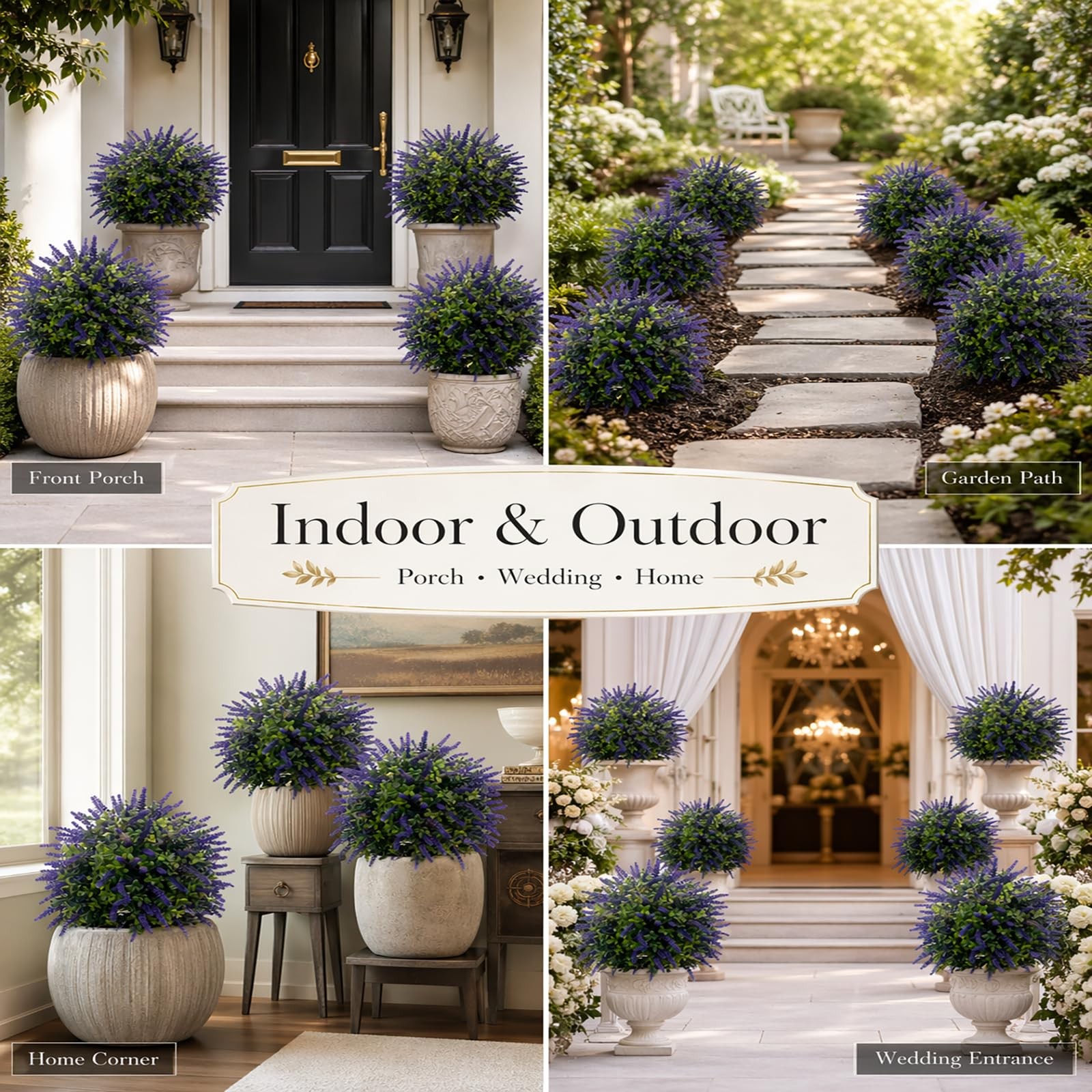 Artificial Lavender Topiary Set of 2, Faux Bushes for Entryway