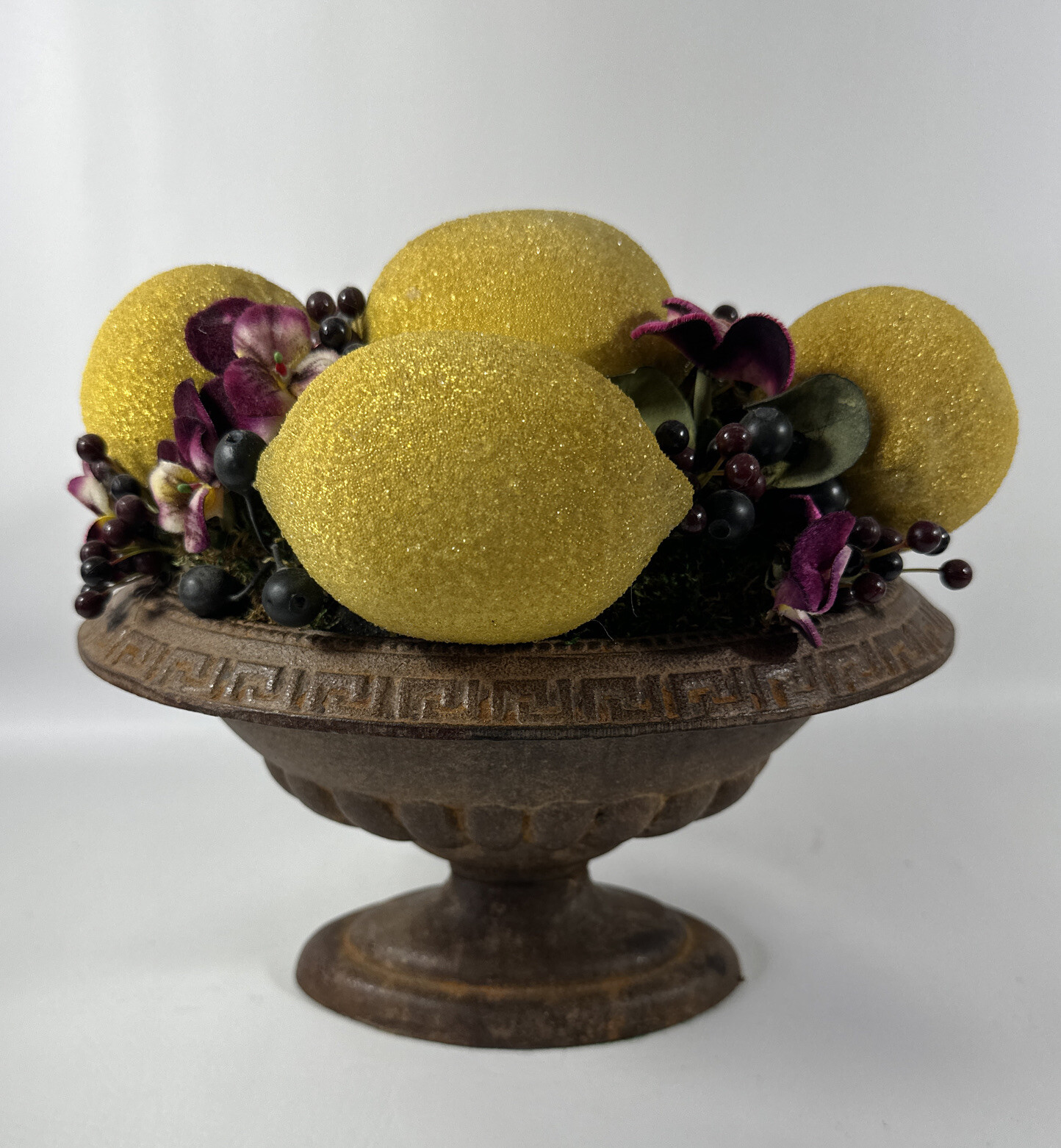 Vintage Rare Artificial Lemon Arrangement In A Cast Iron Vase Bass Green Bottom