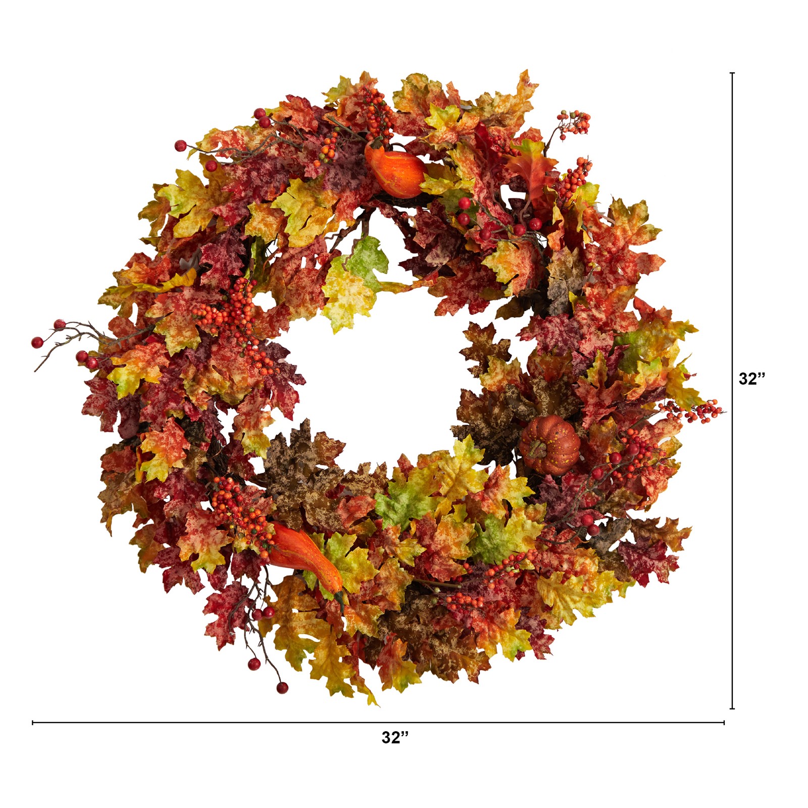 32″ Autumn Oak Leaf/Berries and Pumpkin Artificial Autumn Wreath in Orange
