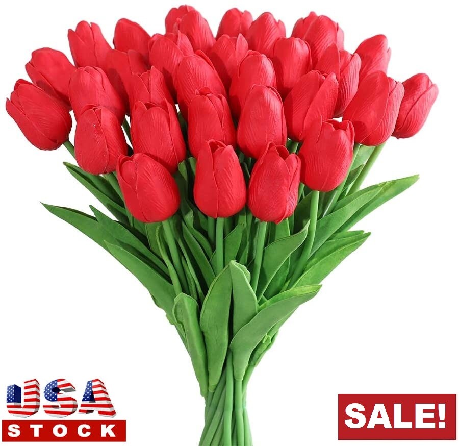 10 PACK Red Artificial Tulip Fake Flowers Real Touch For Wedding Home Decor US