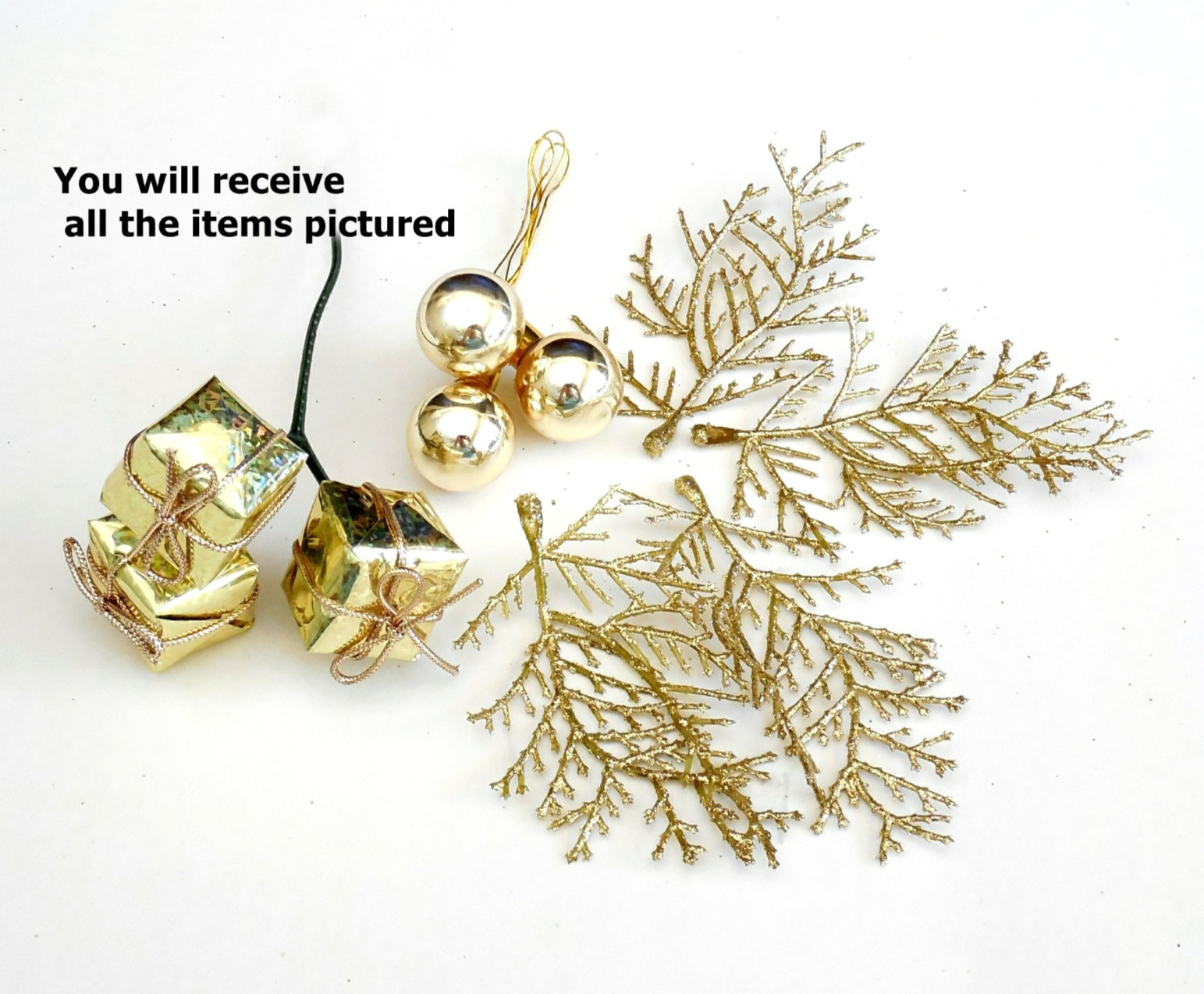 Vintage Christmas Plastic Floral Greenery Craft Lot 43pc w Gold Picks Stems Trim