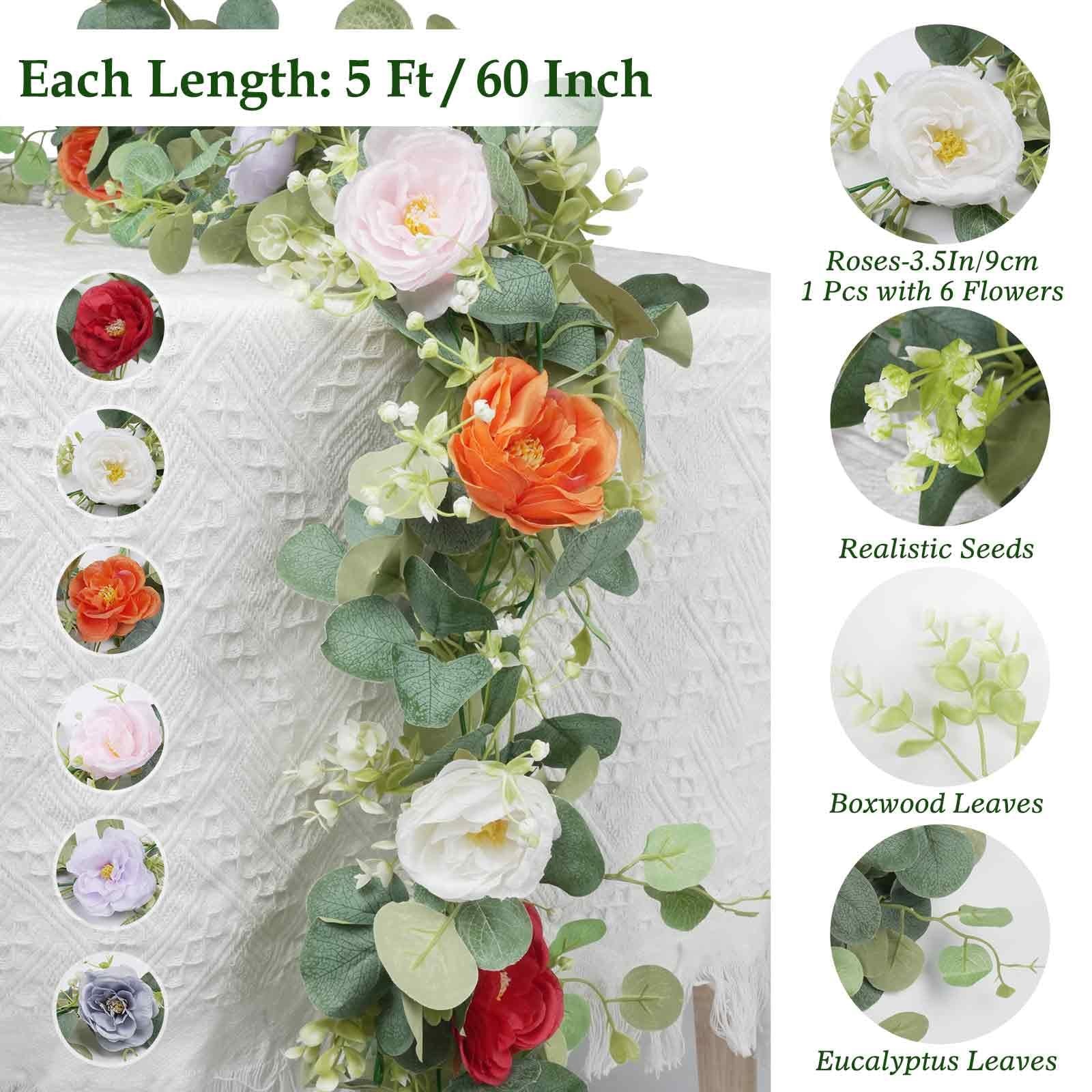 2Pcs(10FT) Artificial Eucalyptus Garlands with Rose Flowers, Faux Floral Gree…