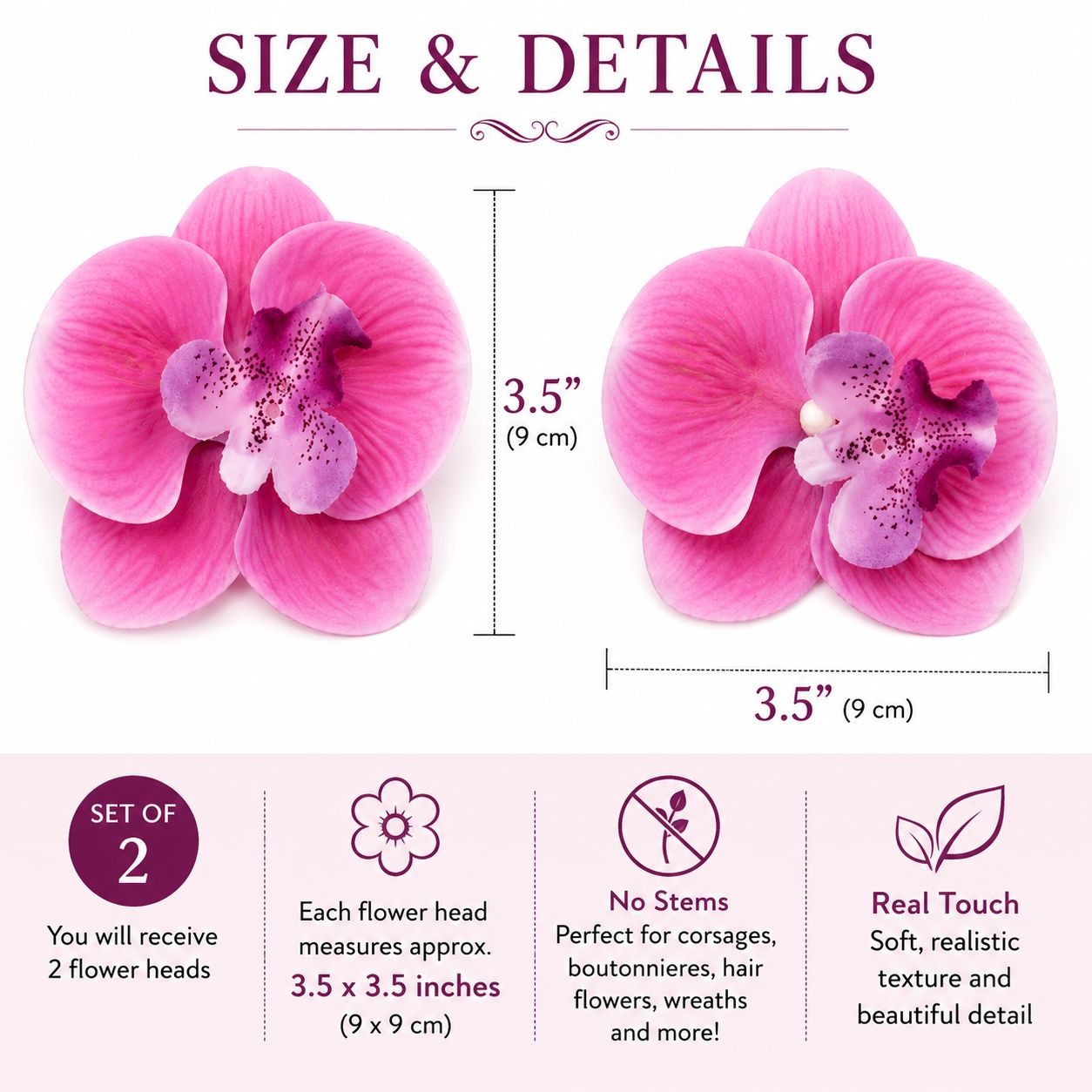 Pink Real Touch Orchid Flower Heads, Set of 2 Faux Orchids, 3.5 Inch No Stem Flo