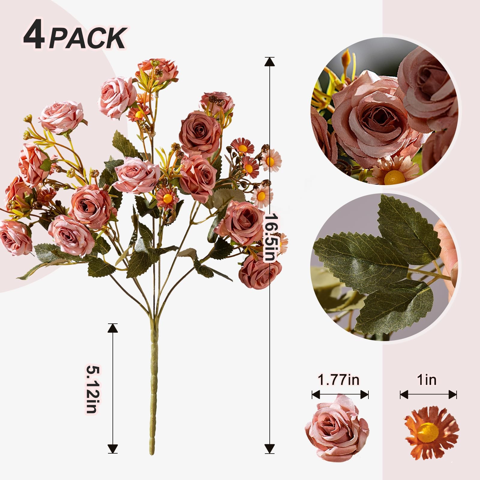 Artificial Rose Flowers for Outdoor 4 Bundles Rose Bouquet with Daisy Faux Fl…