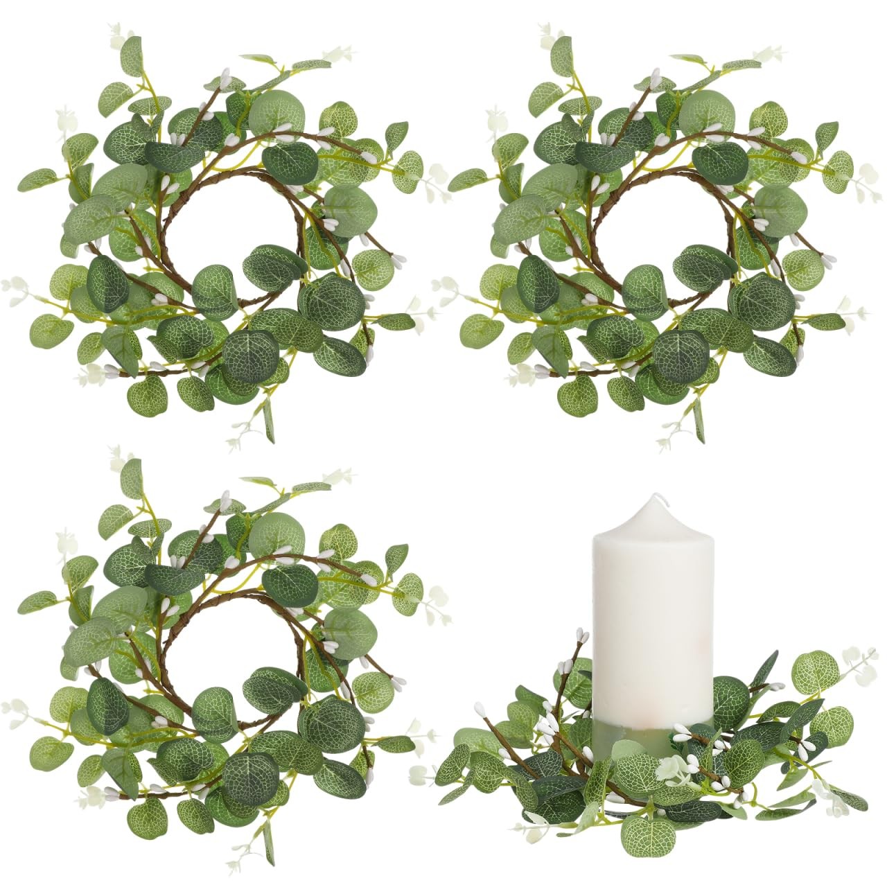 Easter Eucalyptus Candle Wreath,4pcs Small Eucalyptus Candle Rings Wreaths, A…