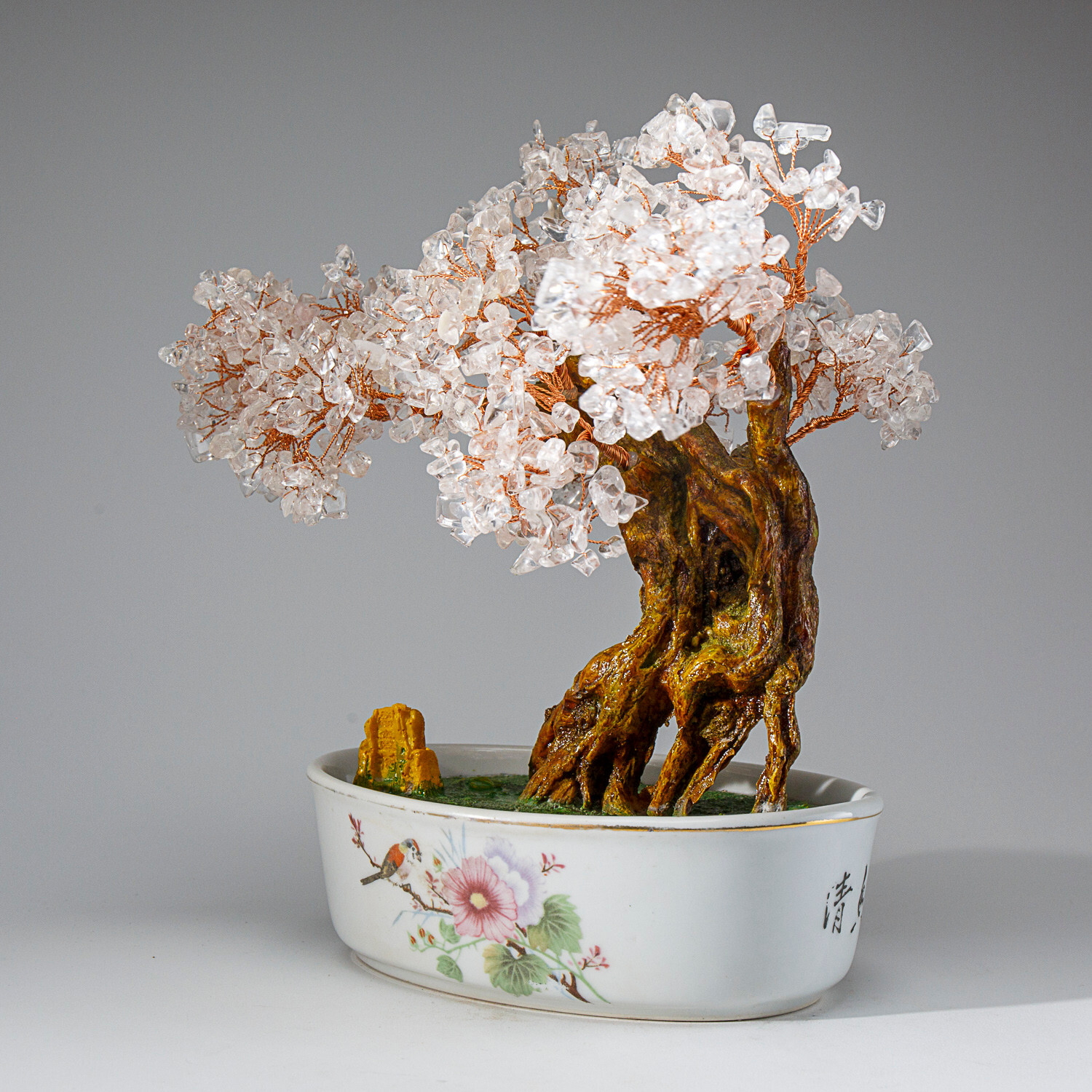 Genuine Quartz Gemstone Bonsai Tree in Oval Ceramic Pot (10” Tall)