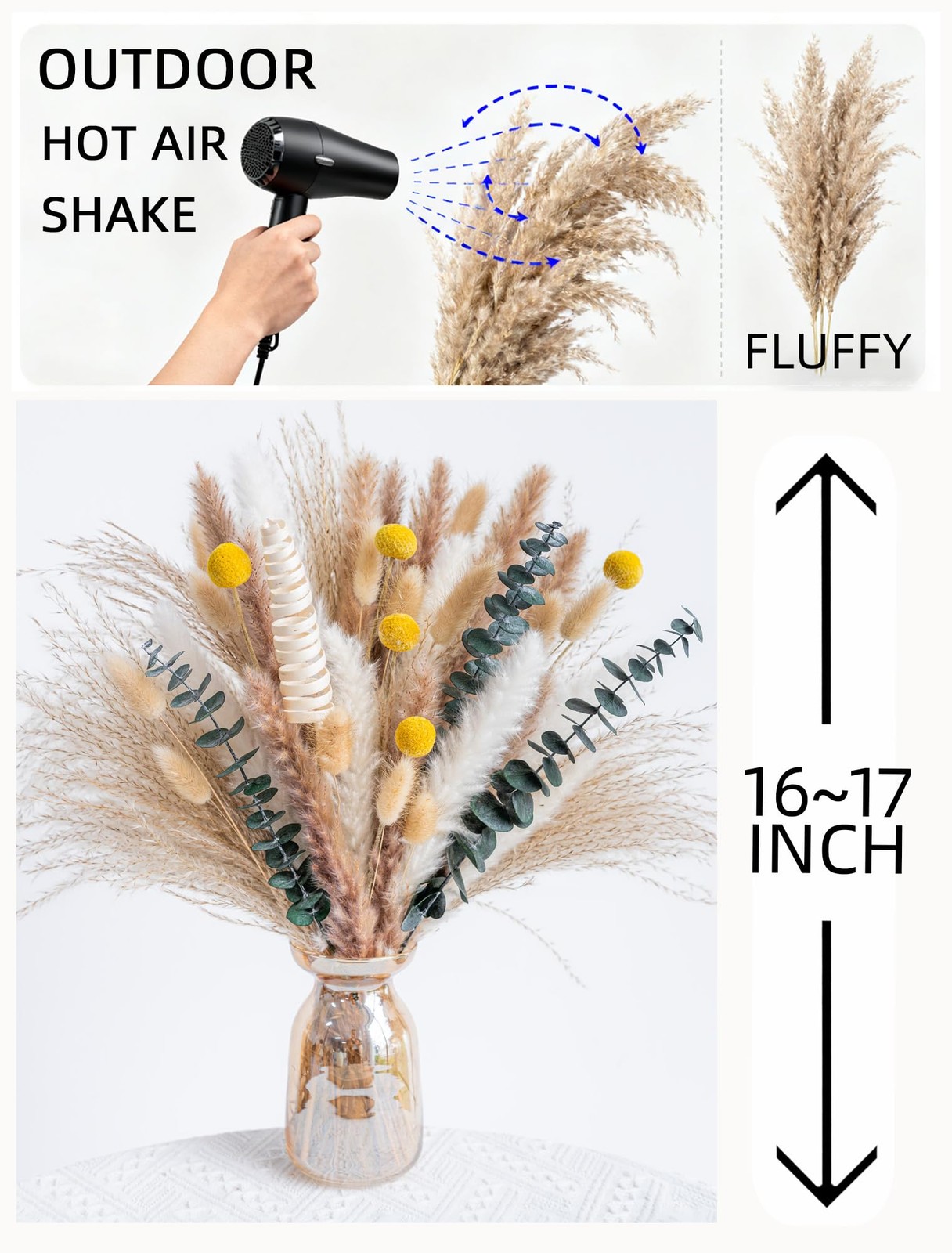 Pampas Grass Boho Decor Bouquet – Natural Dried Flowers Including Billy Balls…