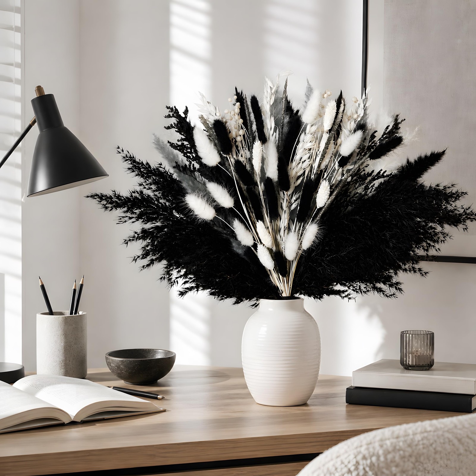 Black Pampas Grass Bouquet, Handmade Dried Flower Arrangement Decor