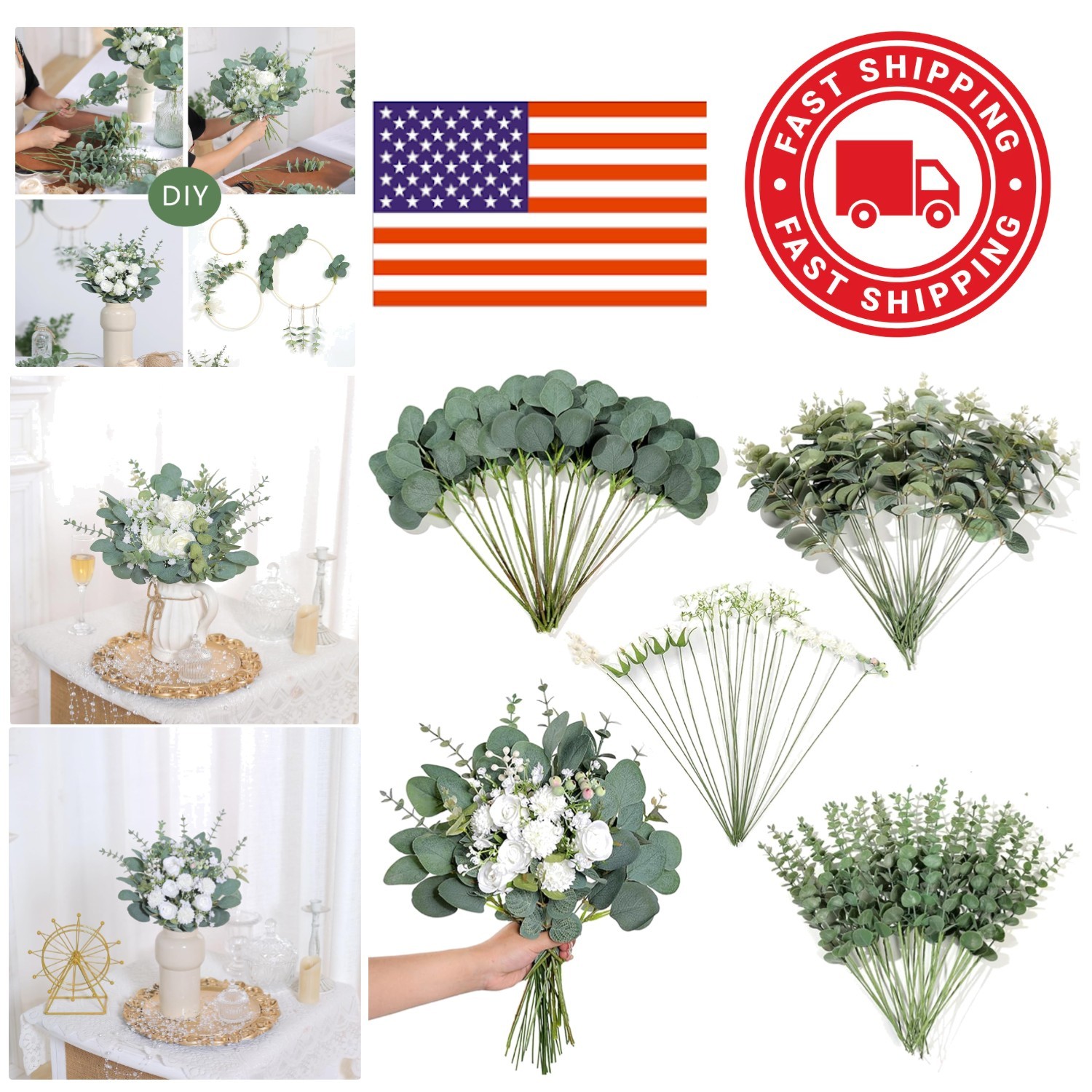 Eucalyptus Stems and Mixed Flowers 110 Pcs Realistic Greenery for Arrangements
