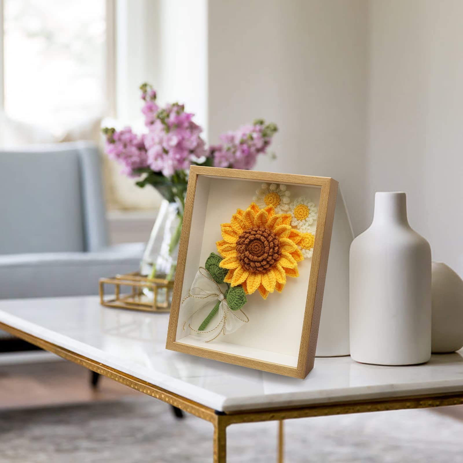 Crochet Flowers Photo Frame, Crochet Sunflower and,Daisy, Sunflower Photo Fra…