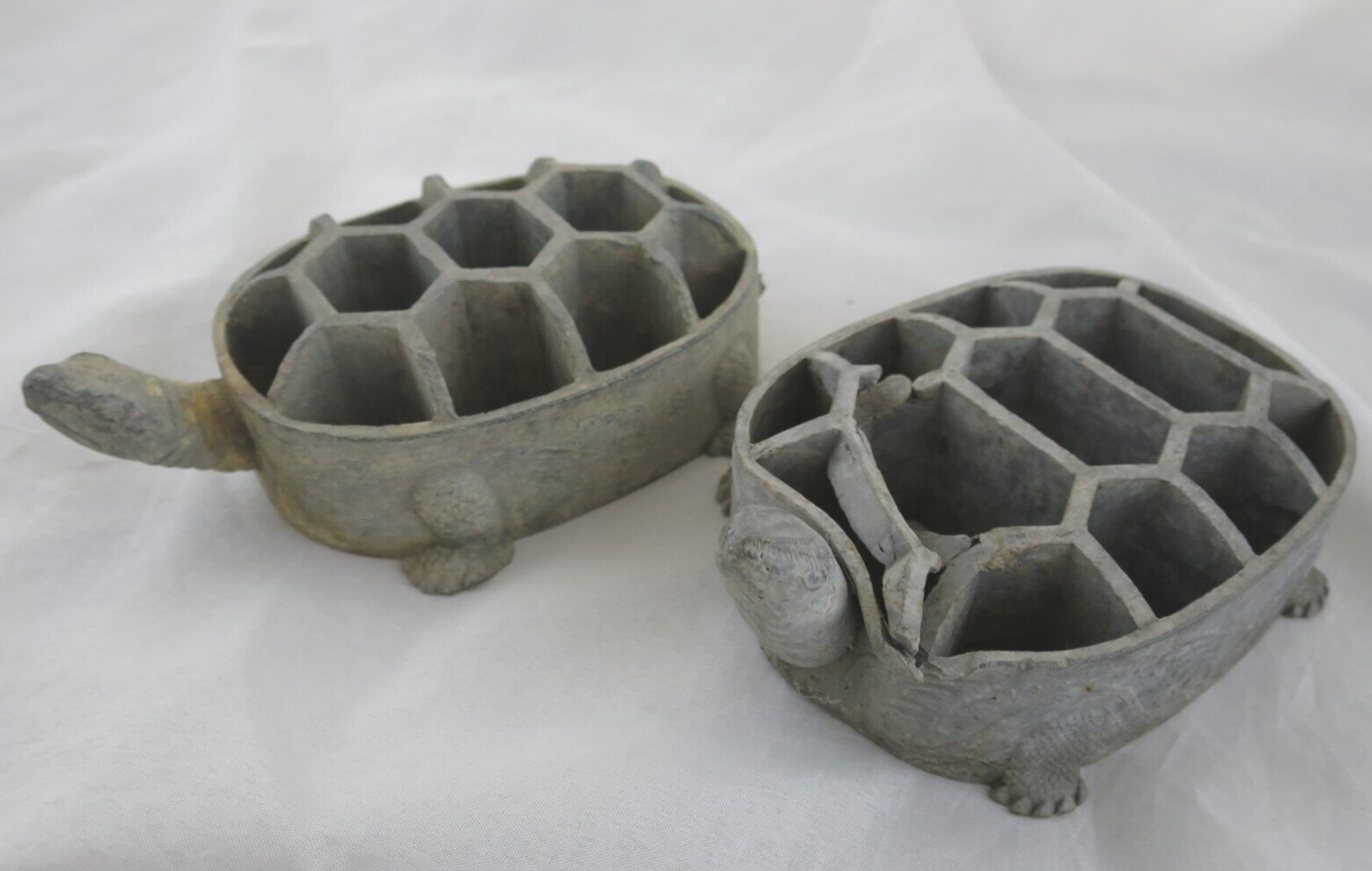 Vintage Metal Japanese Floral Frogs Turtle Shape Flower Arrangement Lot Of 2