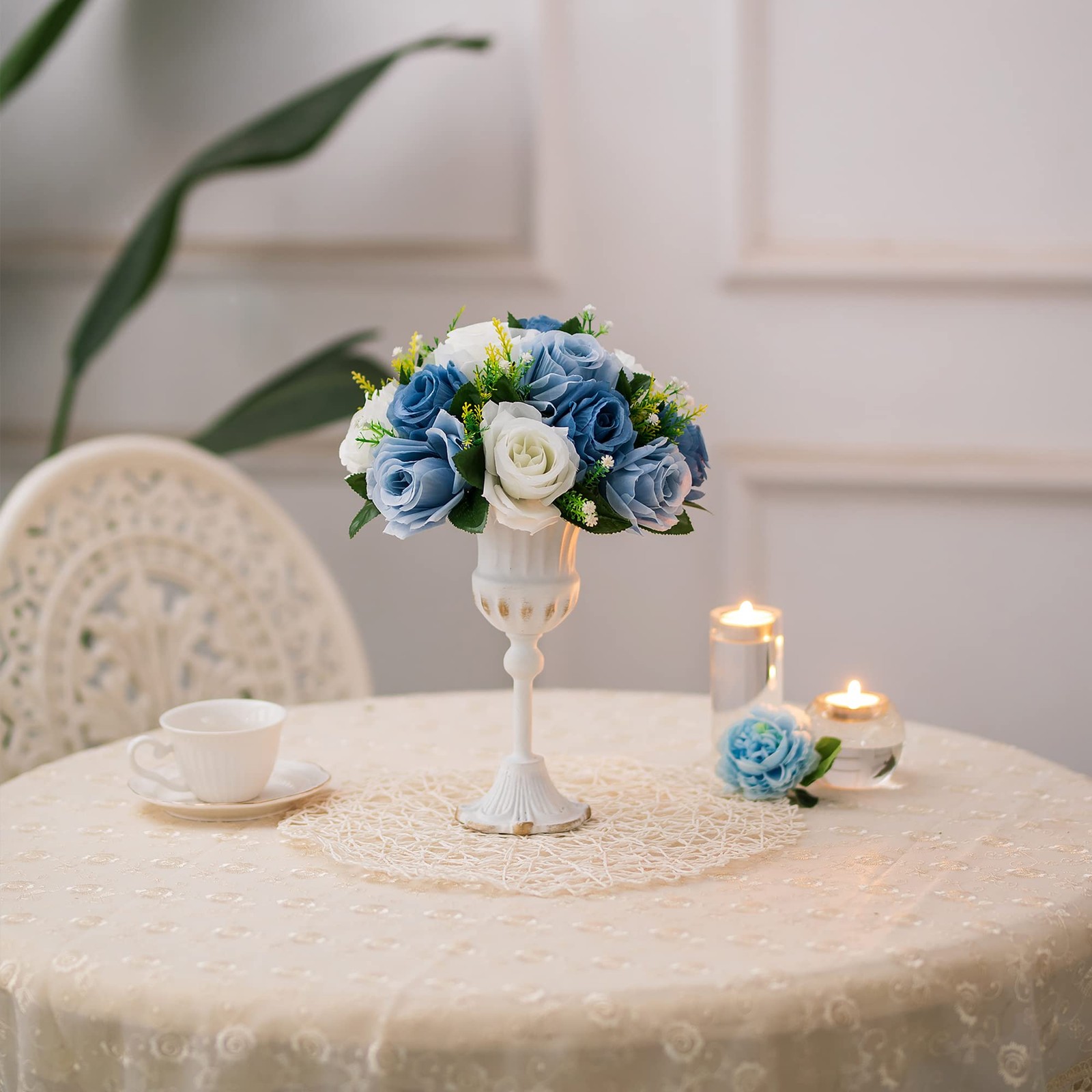 2 PCS Dusty Blue Fake Rose Flower Ball Centerpieces Silk Floral Bouquet