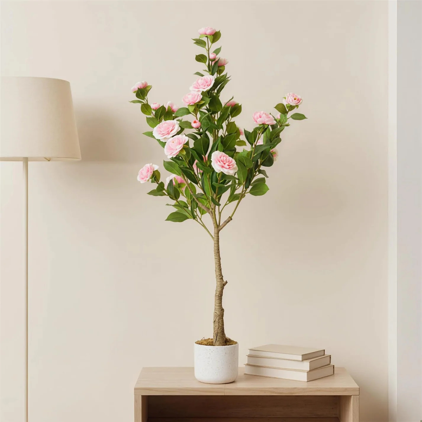 Garvee 3.9FT Artificial Camellia Tree, Faux Camellia Plant with White Planter