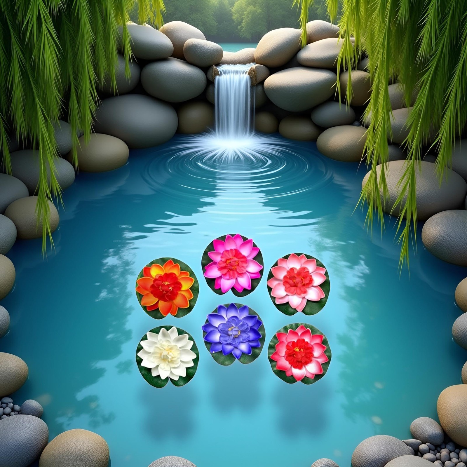 6 Pcs Large Floating Lotus Flowers Faux with Artificial Lily Pads, Artificial.