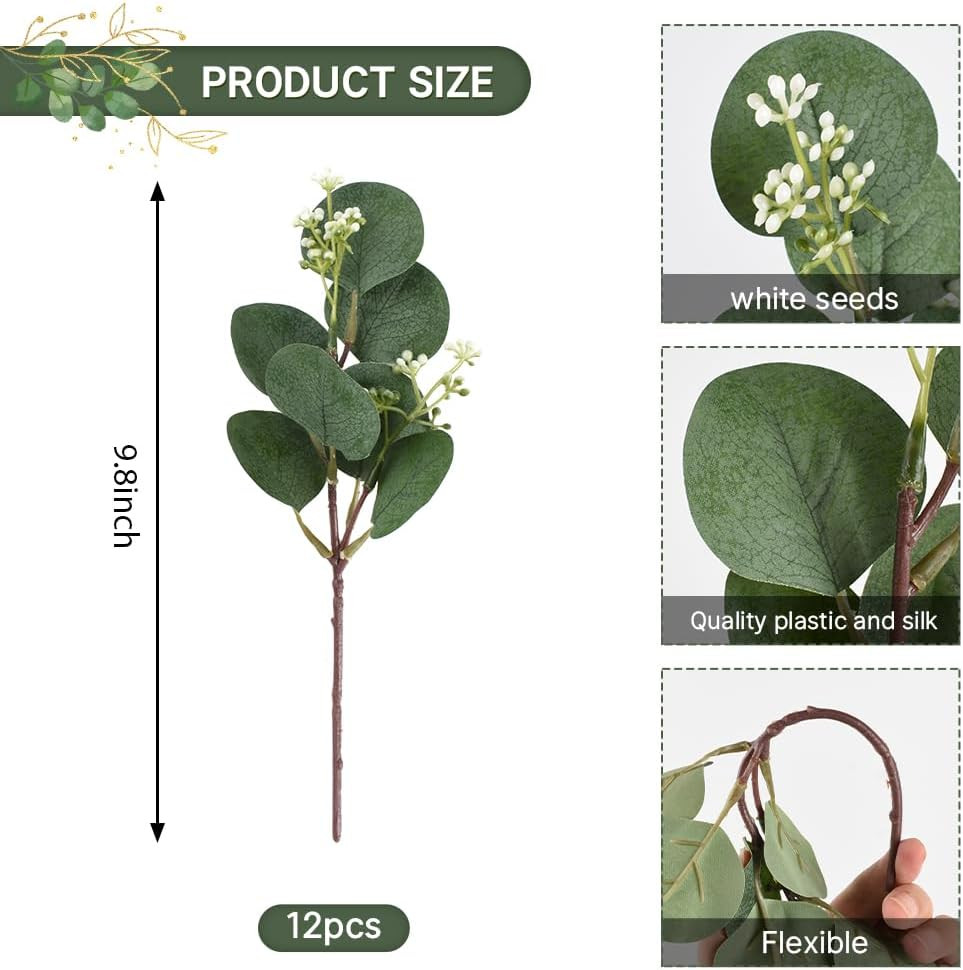 12Pcs Mixed Artificial Eucalyptus Leaves Stems with White Seeds, White Flowers,