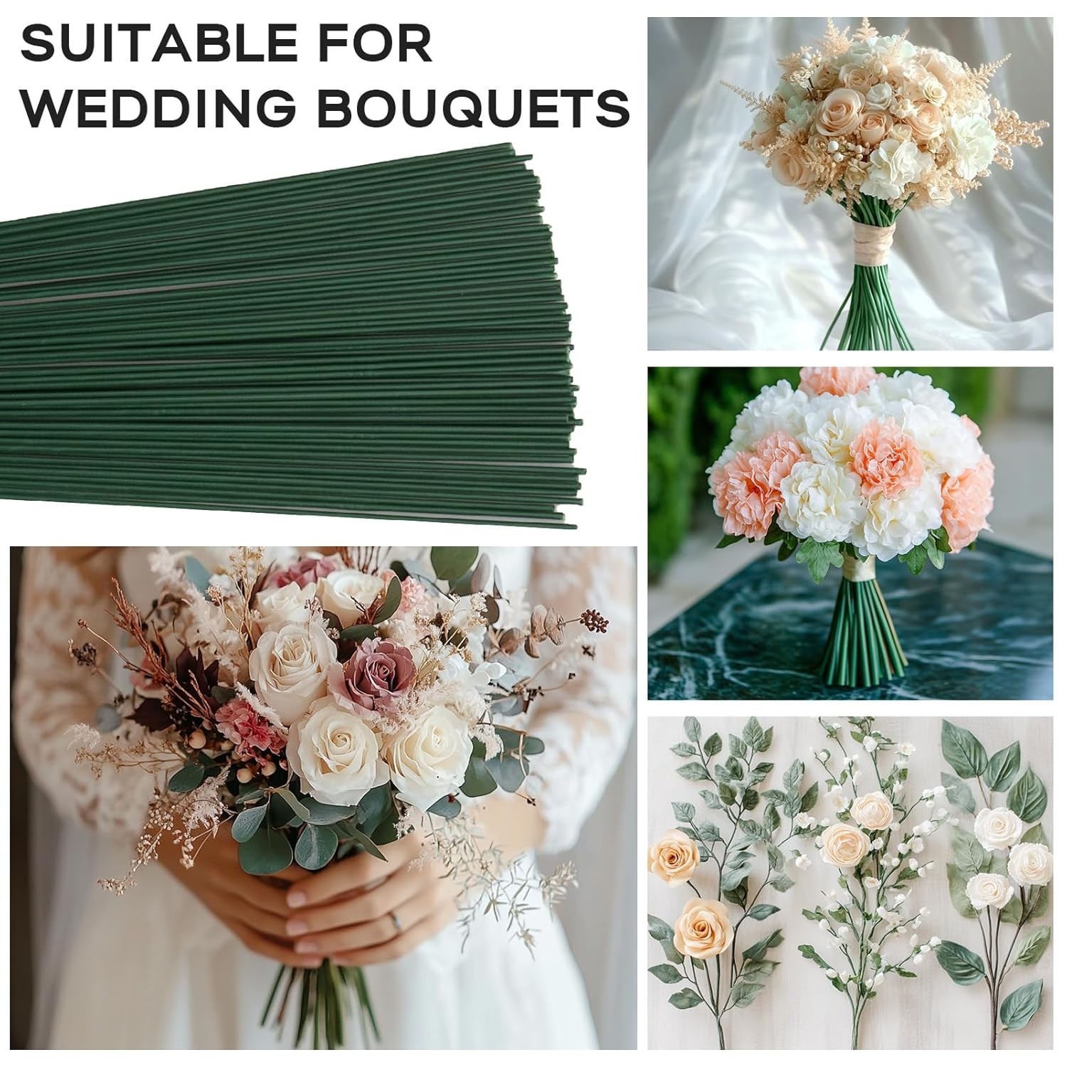 Floral Wire Stems, 60 Pack Flower Stems, 2 Gauge Green Floral Stem Wire for P…