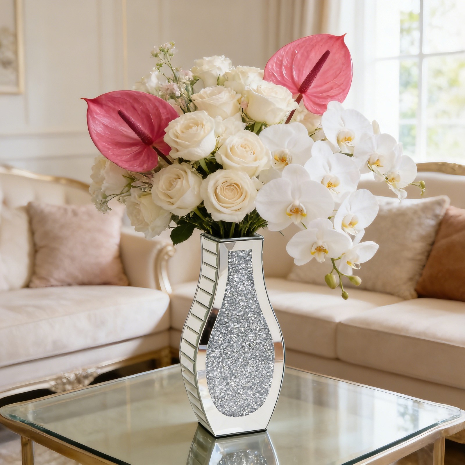 Crushed Diamond Mirrored Flower Vase Decorative Crystal Silver Glass Table Vase