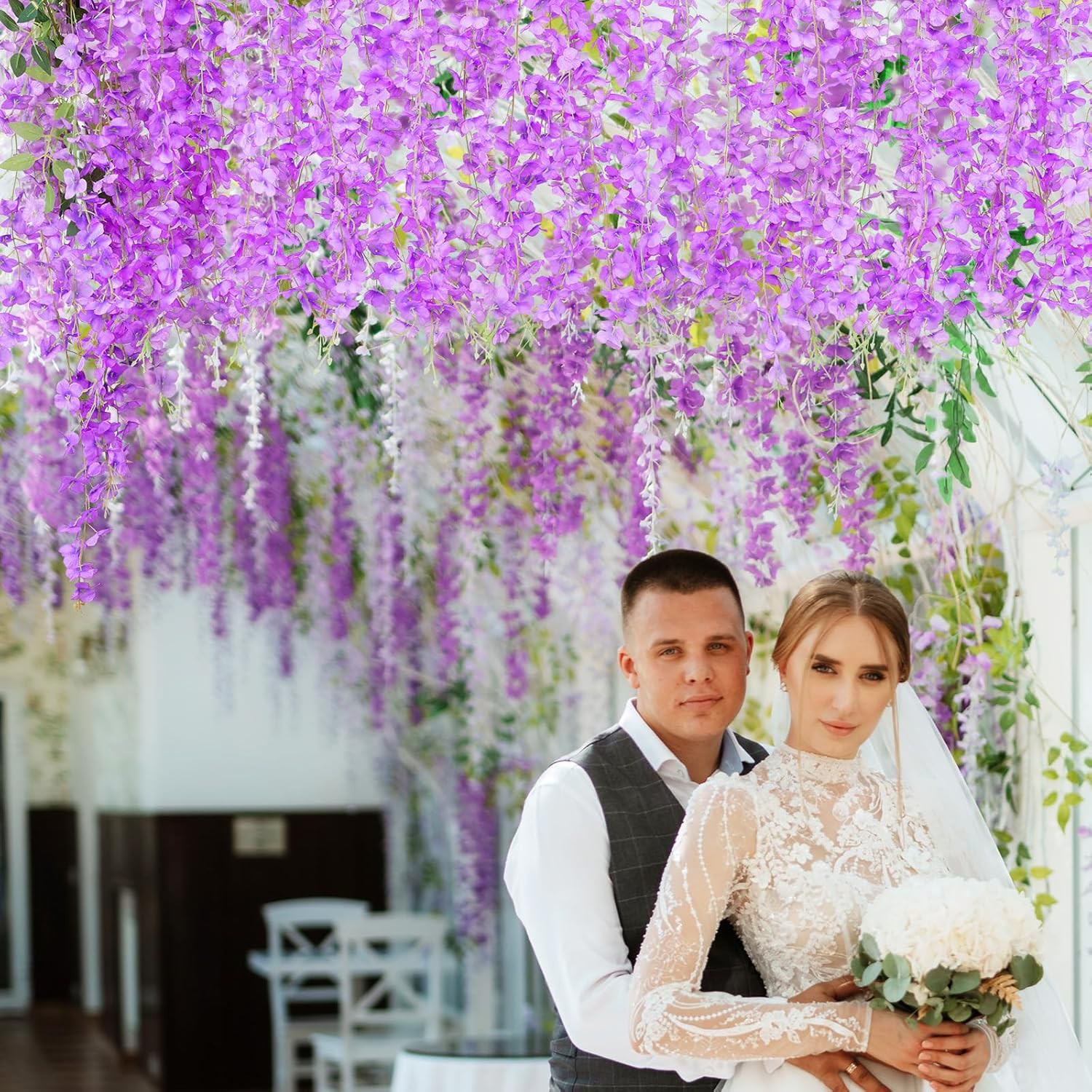 200Pcs Purple Wisteria Hanging Flowers Silk Garland for Wedding Party Decor