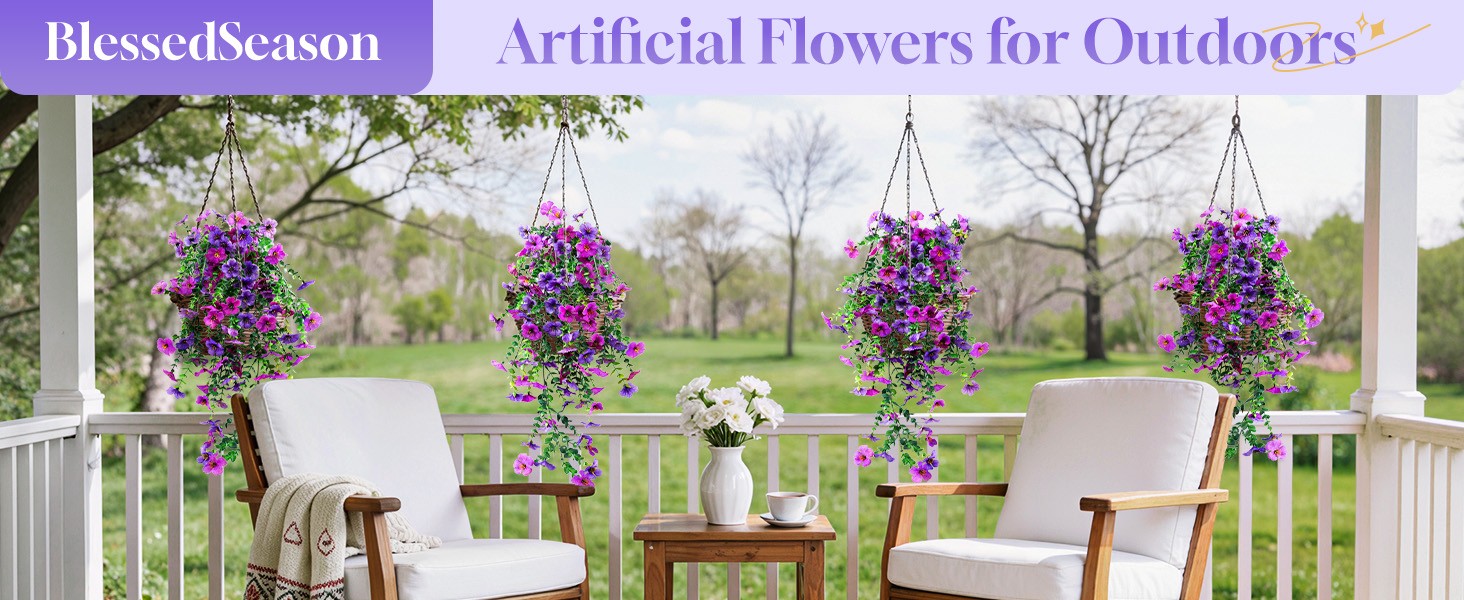 2 Pcs Artificial Hanging Flowers, UV Resistant Fake Flowers with Flexible Stems,