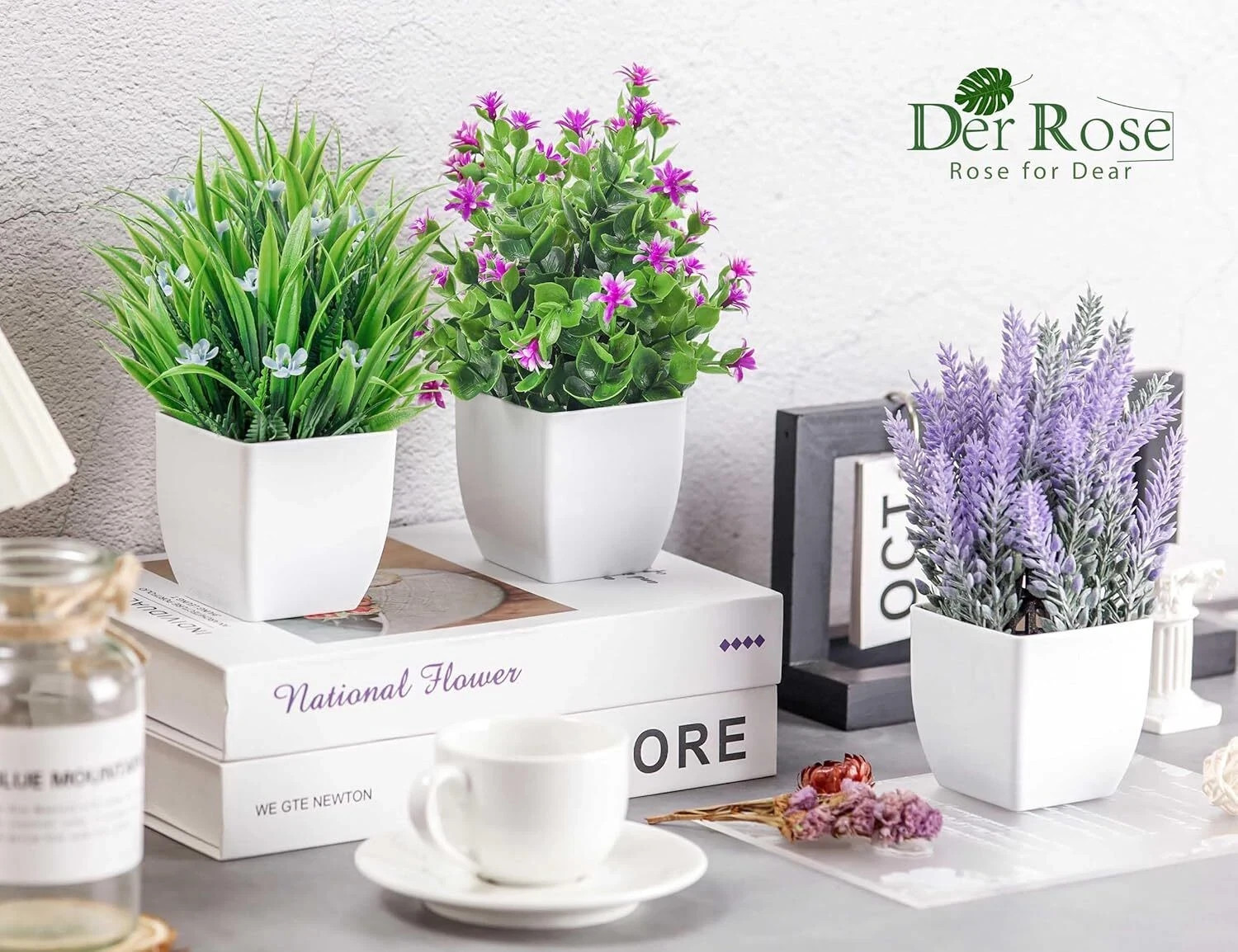 Der Rose 4 Pack Fake Plants Small Artificial Potted Faux with White