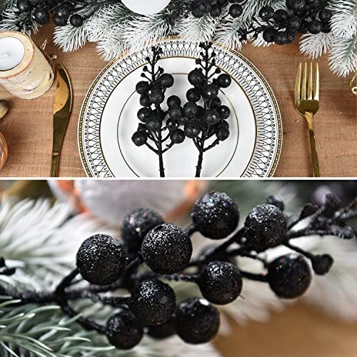 16pcs Christmas Glitter Berry Stems, 7.8″ Artificial Christmas Picks for Black