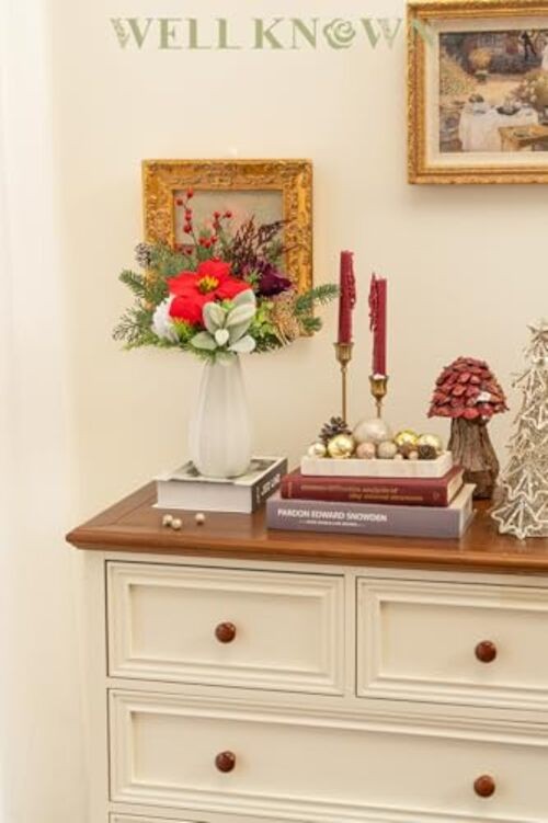 11 Pcs Artificial Flowers Bouquet with Pine Branches, 14″ Red Poinsettias