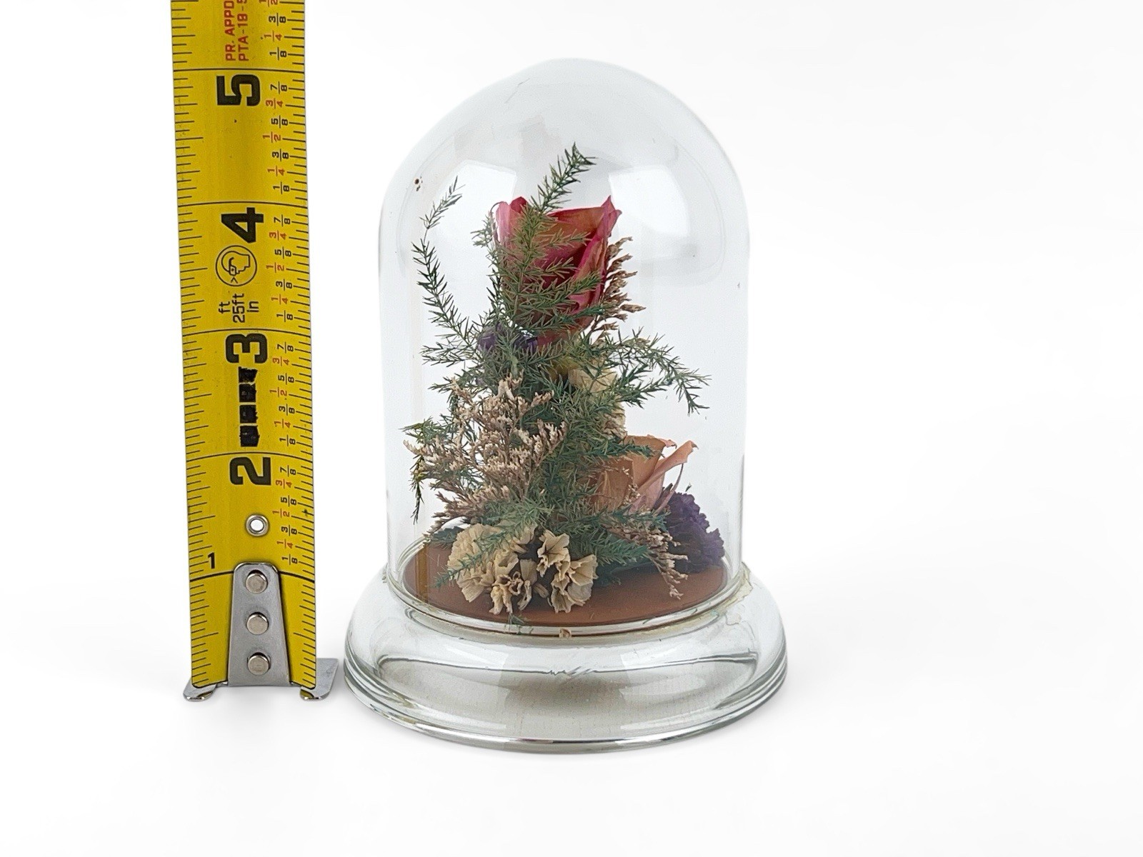 Vintage Dried Pink Rose Flower Arrangement Preserved in 5″ Glass Dome