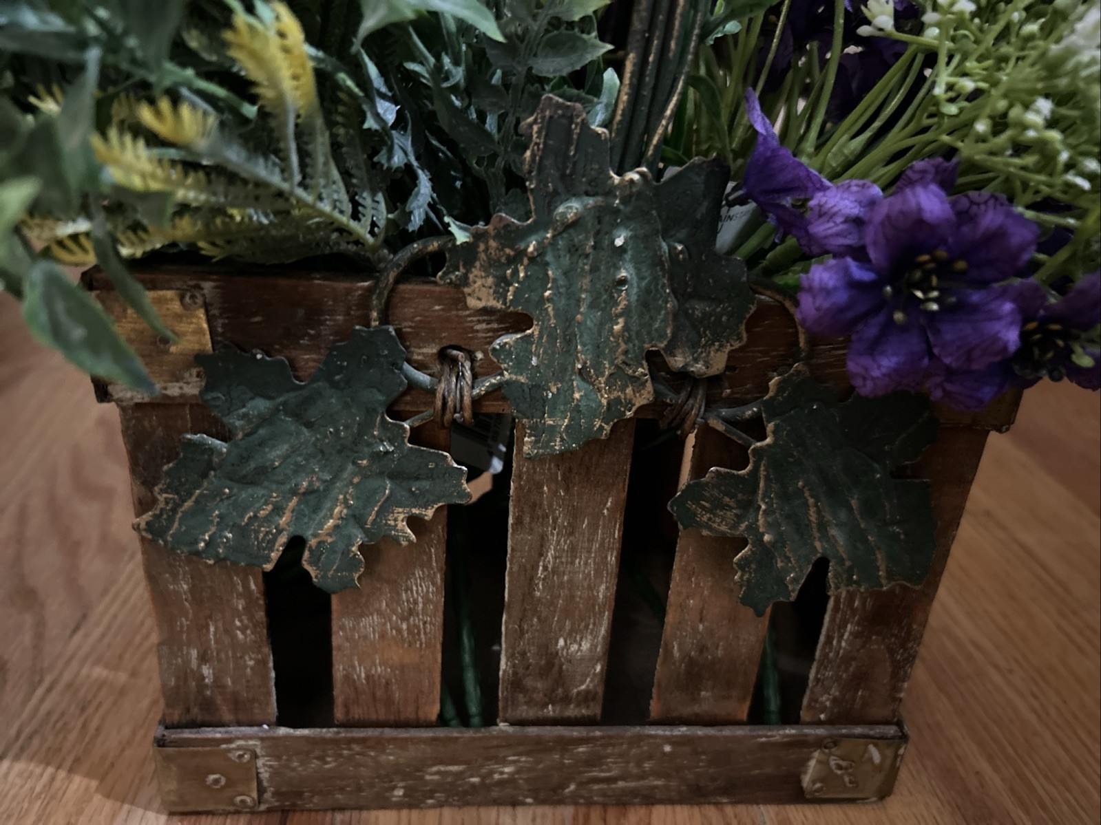 Beautiful Purple & White Floral Arrangement In A Crate With Handle Metal Leaves