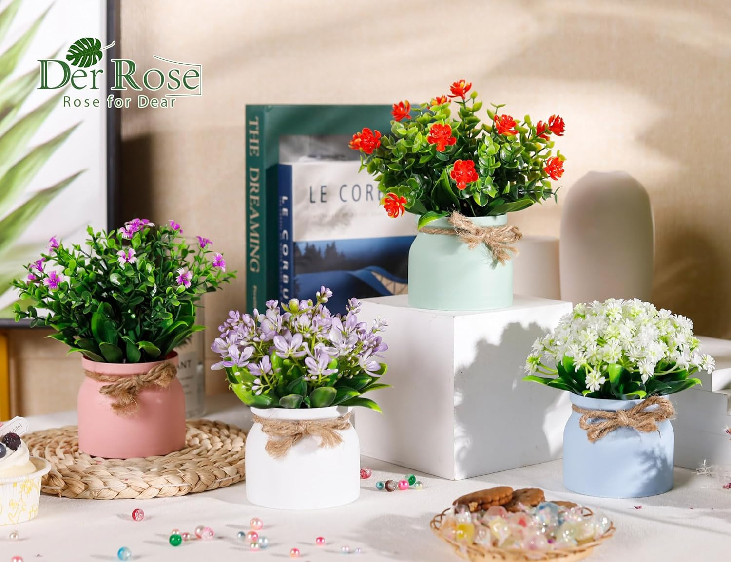 Der Rose 4 Pack Fake Flowers Small Artificial Faux Plants Indoor Summer Spring D