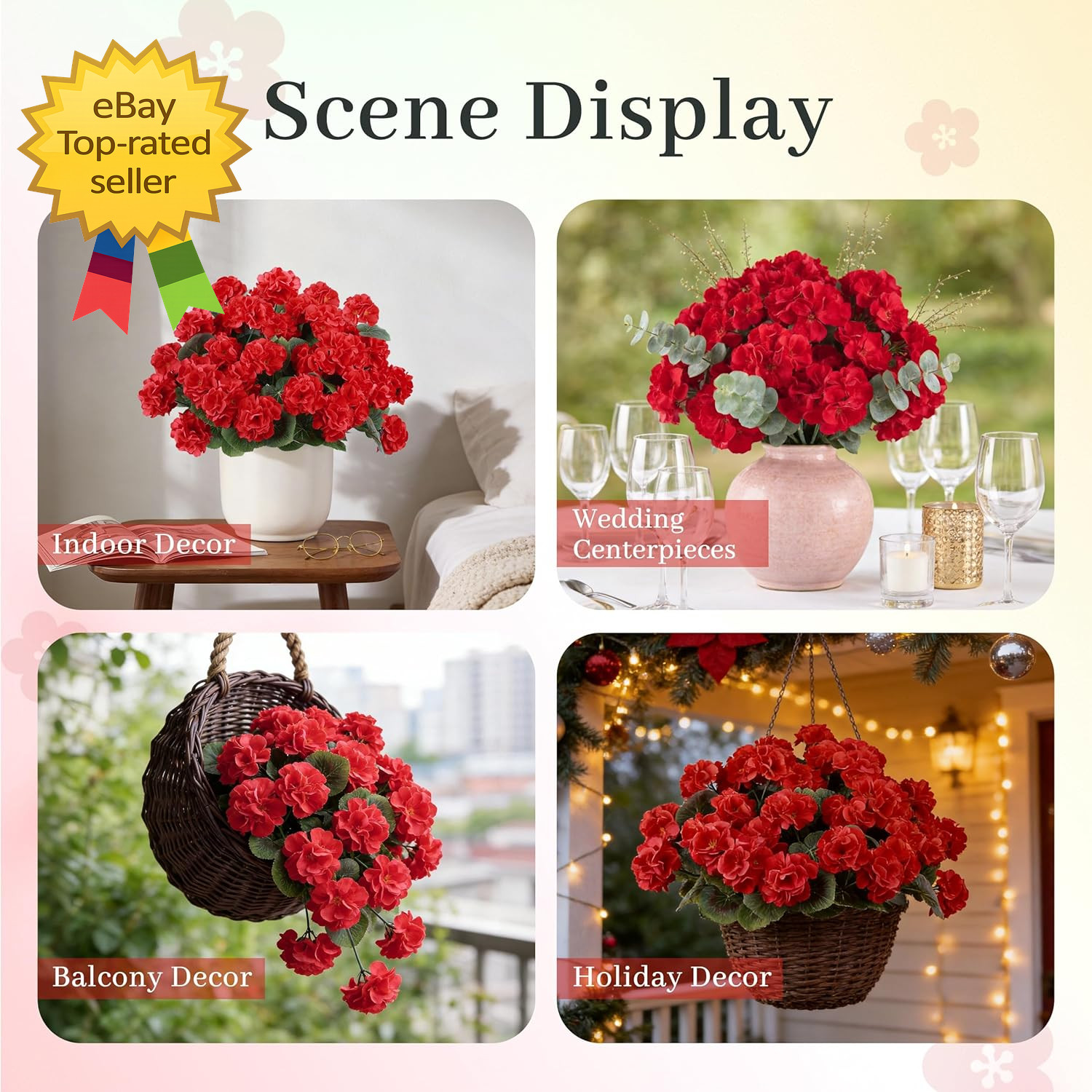6 Pack Red Artificial Geranium Flowers UV Resistant Faux Outdoor Patio Decor